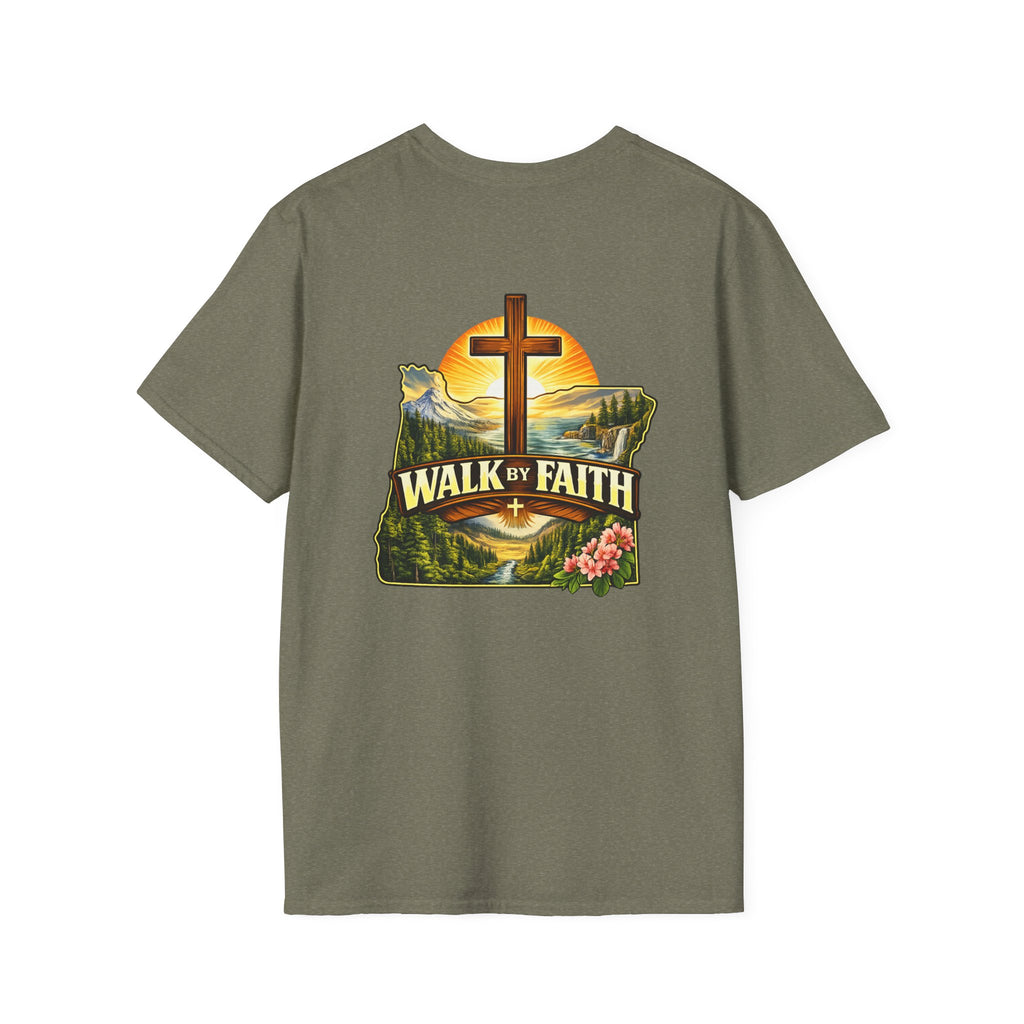 Oregon Walk By Faith T-Shirt — Christian Cross Mountain Sunset Tee