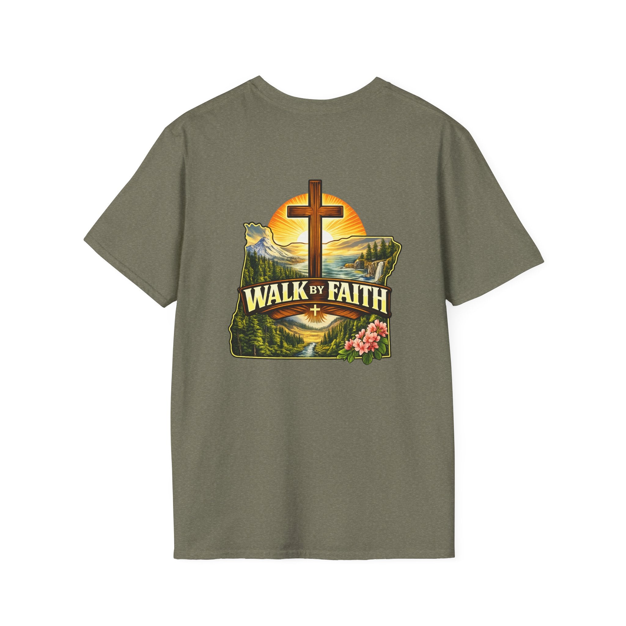 Oregon Walk By Faith T-Shirt — Christian Cross Mountain Sunset Tee