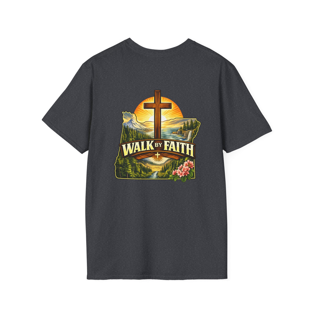 Oregon Walk By Faith T-Shirt — Christian Cross Mountain Sunset Tee