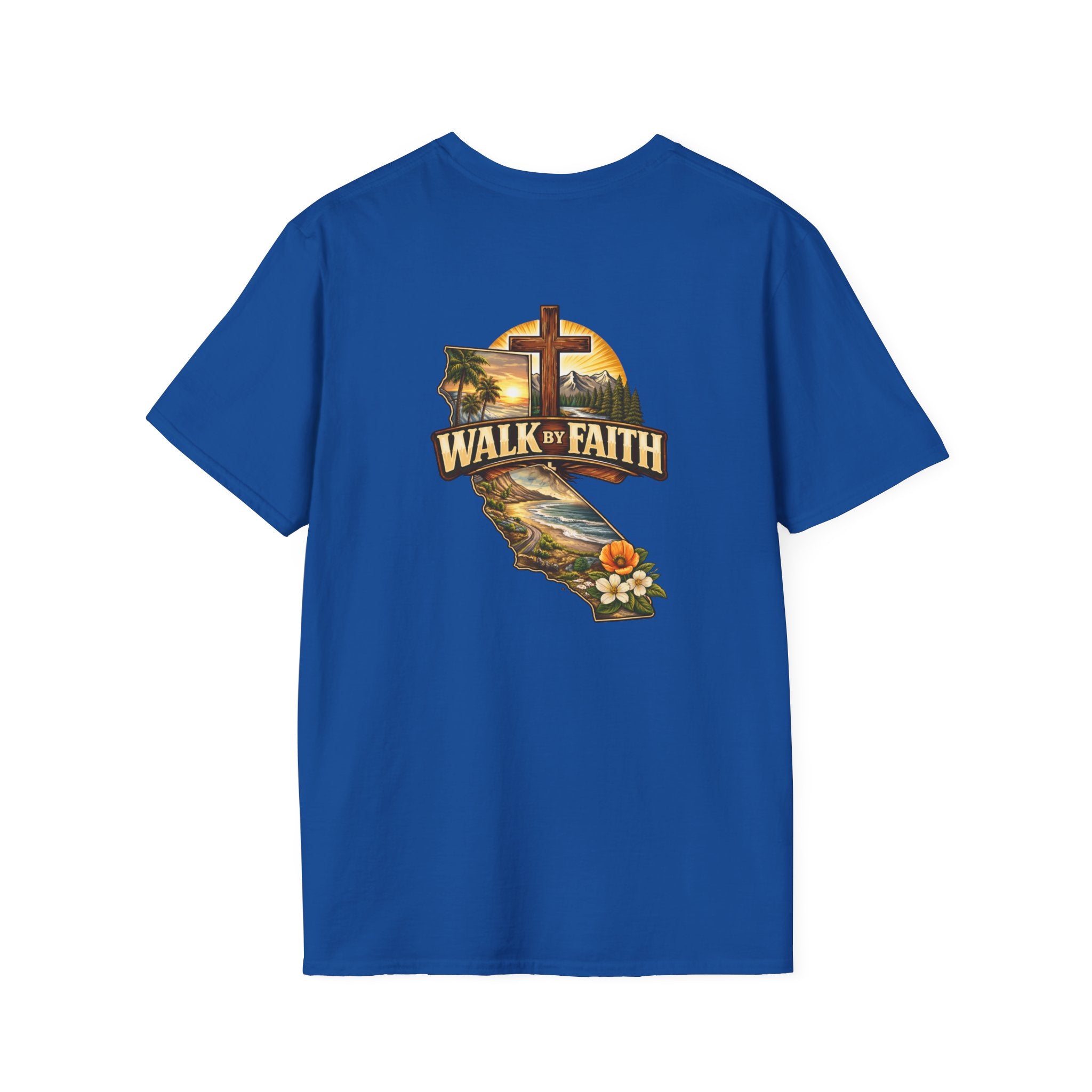 Christian T-Shirt — "Walk by Faith" California Cross Design