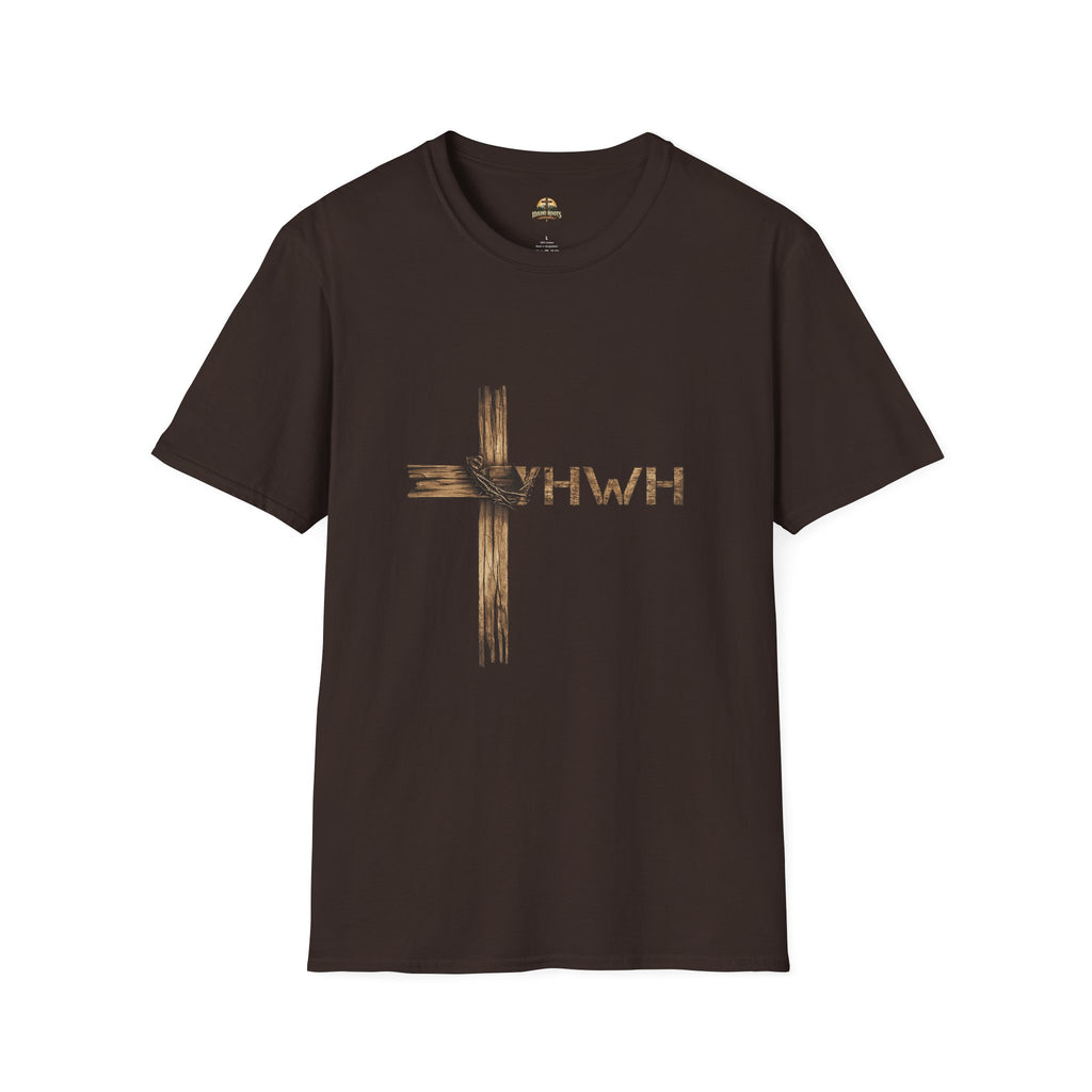 Christian Cross T-Shirt with YHWH Text – Rustic Faith Tee