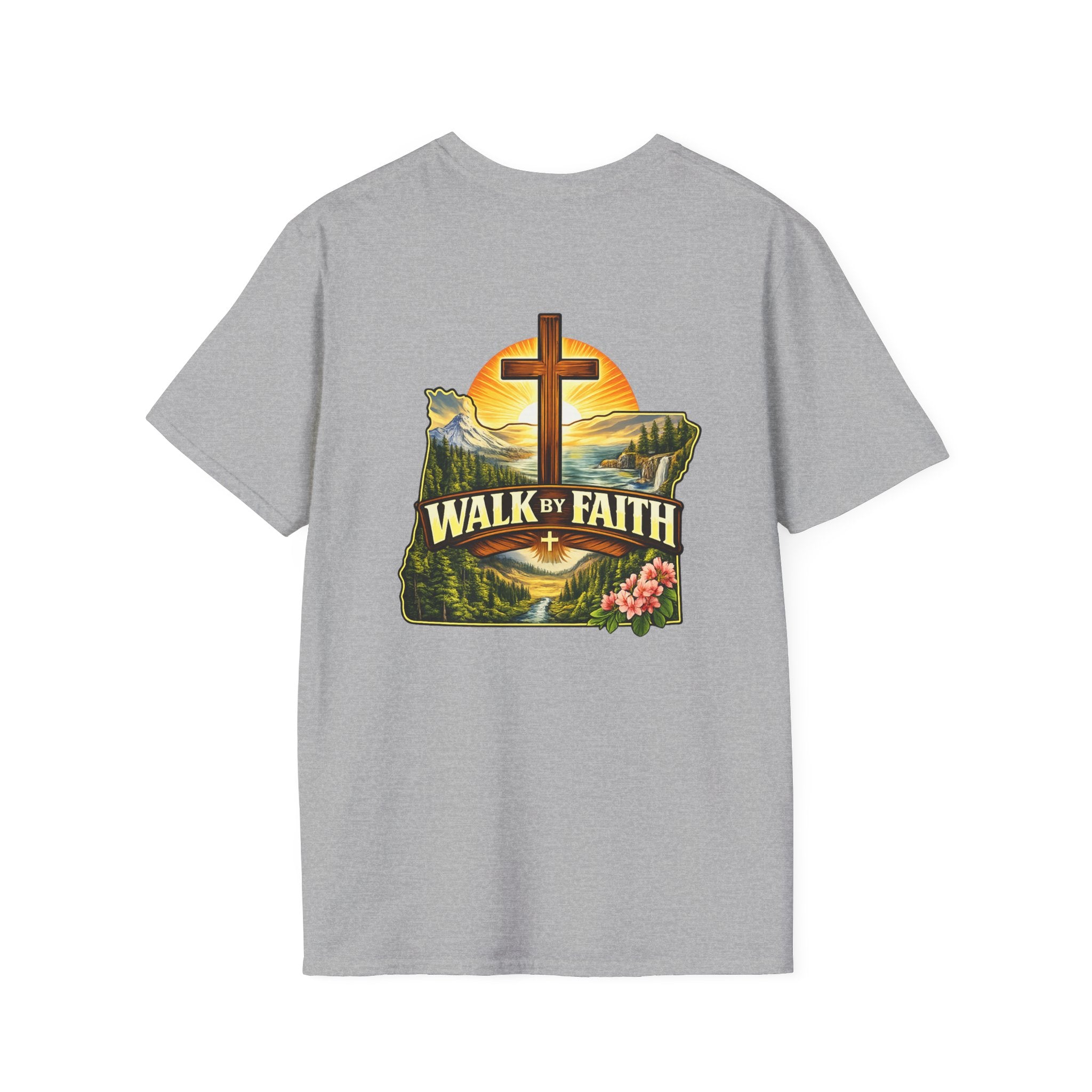 Oregon Walk By Faith T-Shirt — Christian Cross Mountain Sunset Tee