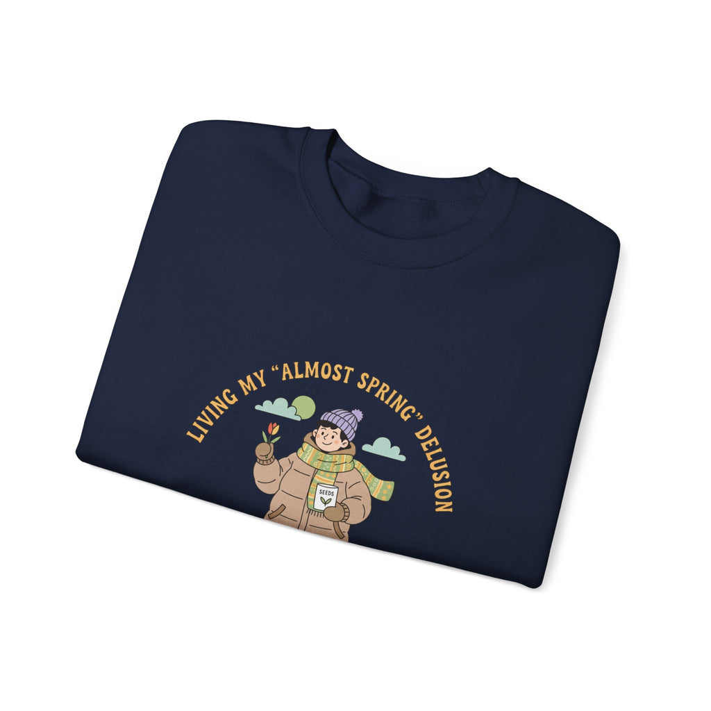 Almost Spring Thaw Humor Crewneck Sweatshirt | spring tease, winter spring meme