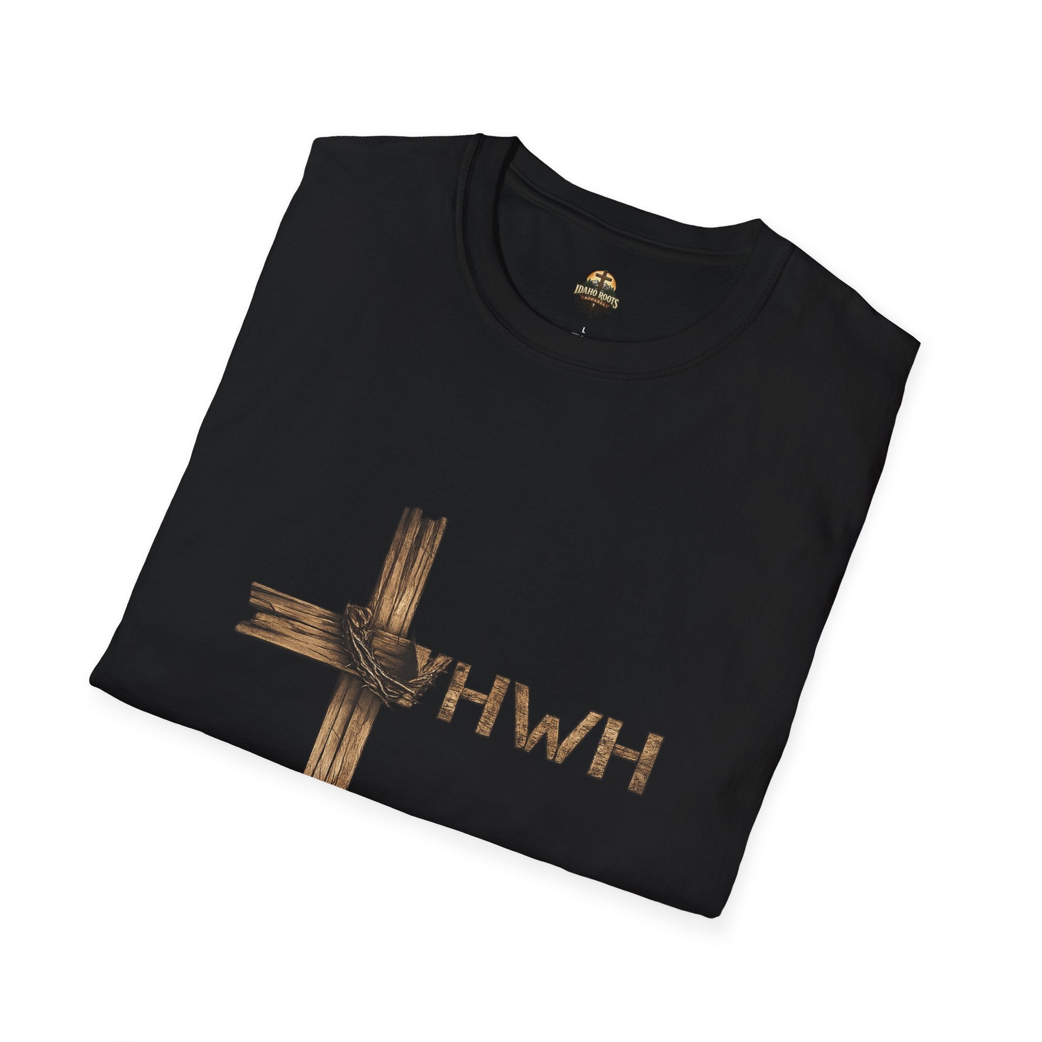 Christian Cross T-Shirt with YHWH Text – Rustic Faith Tee