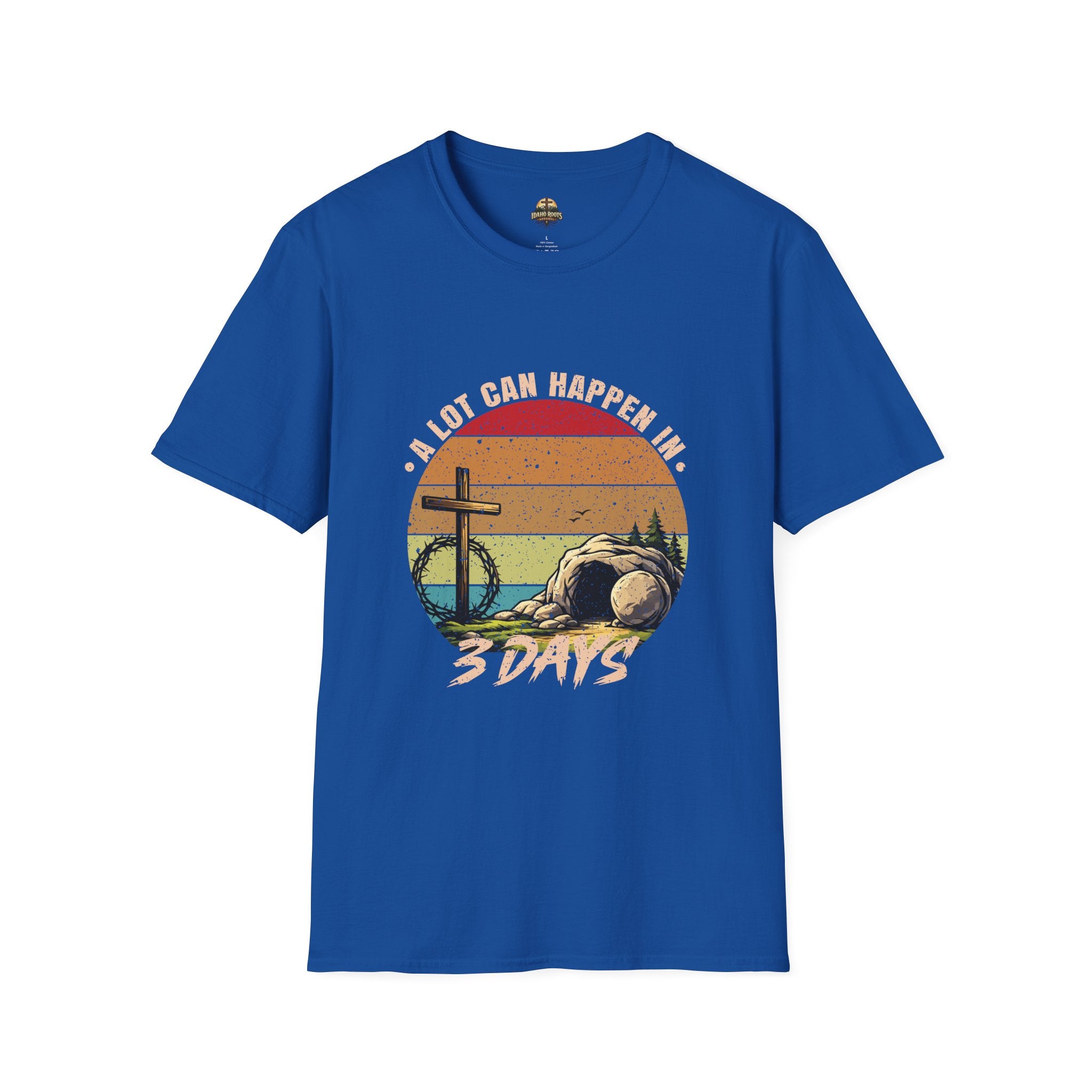 Christian T-Shirt — "A Lot Can Happen in 3 Days" Vintage Cross Design