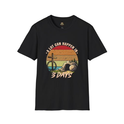 Christian T-Shirt — "A Lot Can Happen in 3 Days" Vintage Cross Design