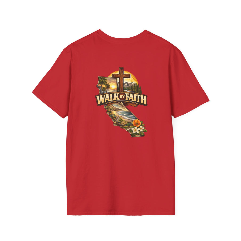 Christian T-Shirt — "Walk by Faith" California Cross Design