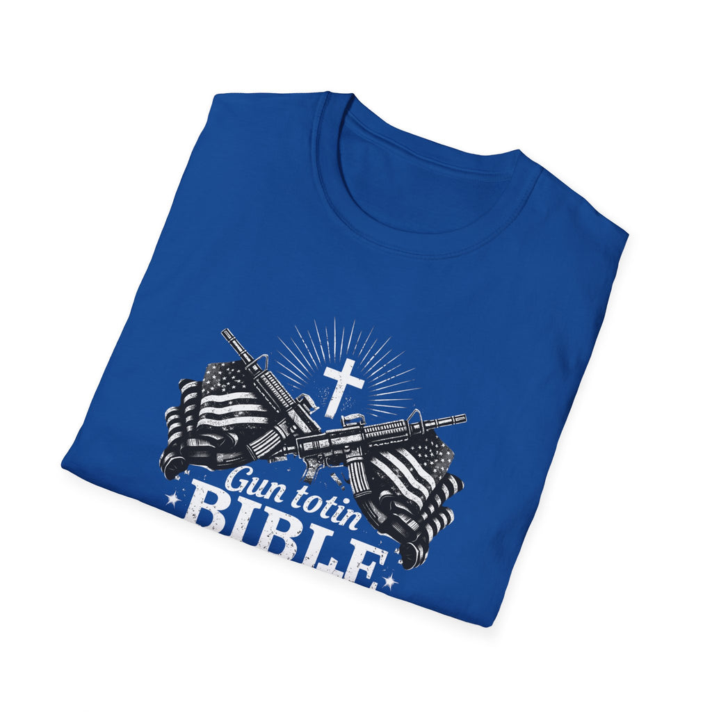 "Gun Totin' Bible Thumper" American Flag Crossed Rifles T-Shirt — Patriotic Military Pride Tee