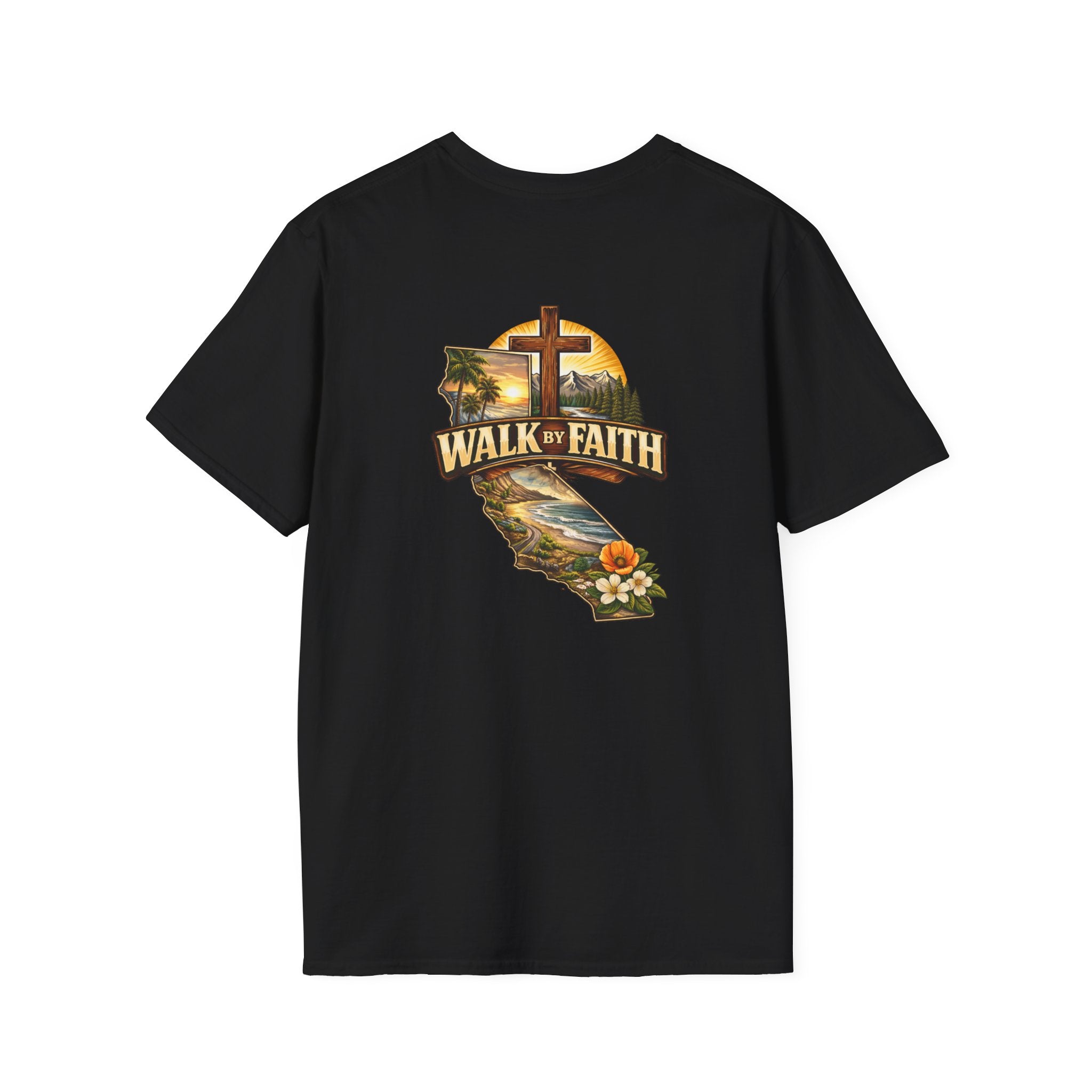 Christian T-Shirt — "Walk by Faith" California Cross Design