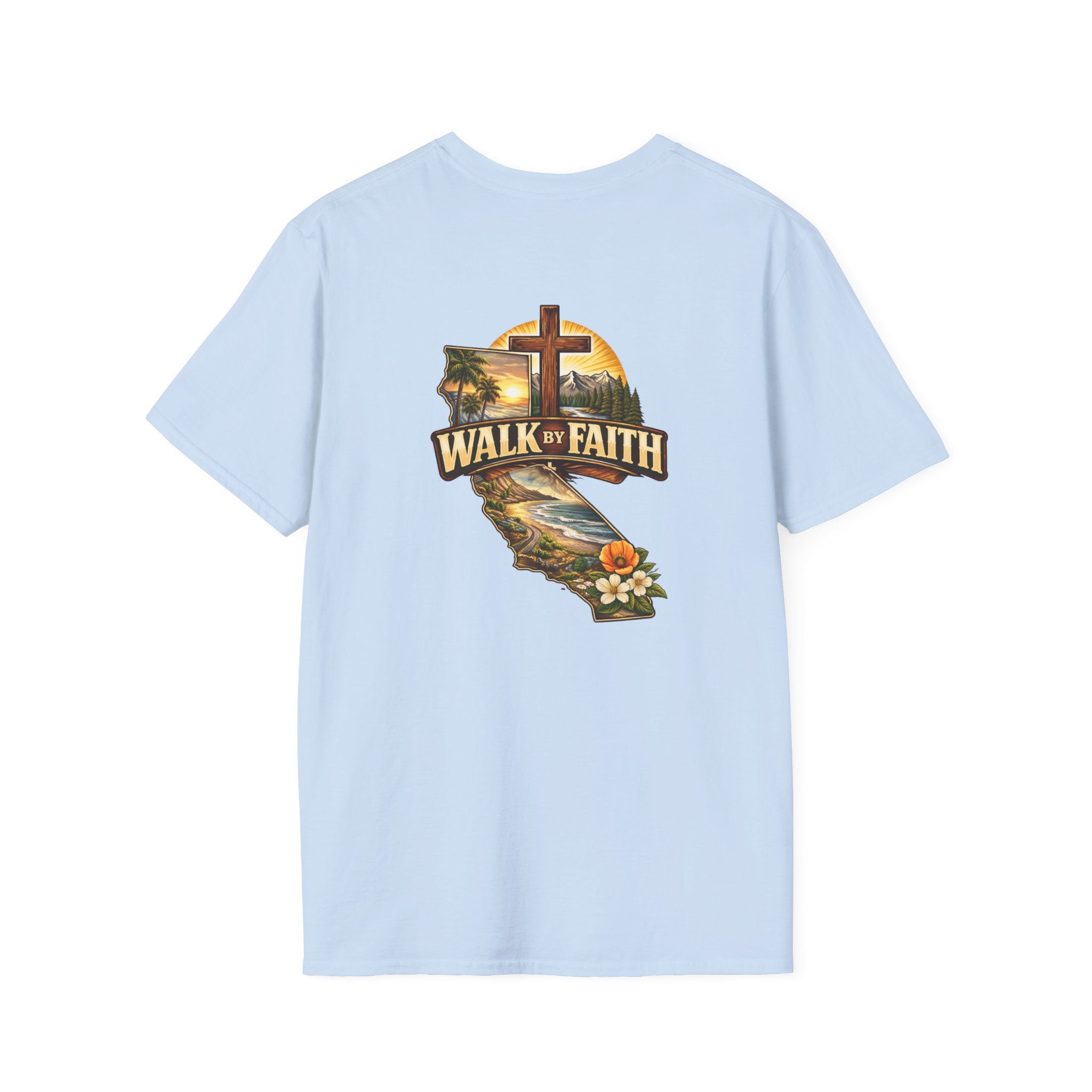 Christian T-Shirt — "Walk by Faith" California Cross Design