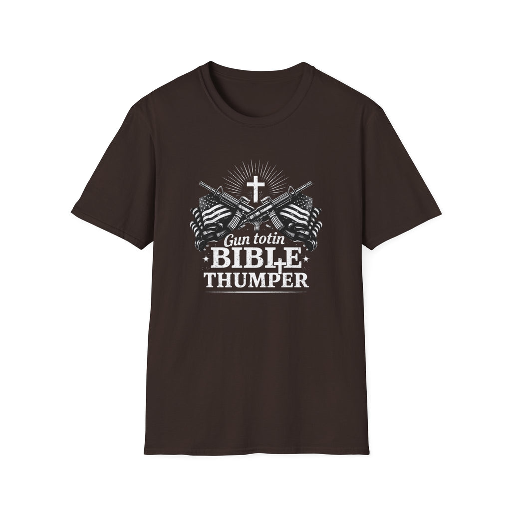 "Gun Totin' Bible Thumper" American Flag Crossed Rifles T-Shirt — Patriotic Military Pride Tee