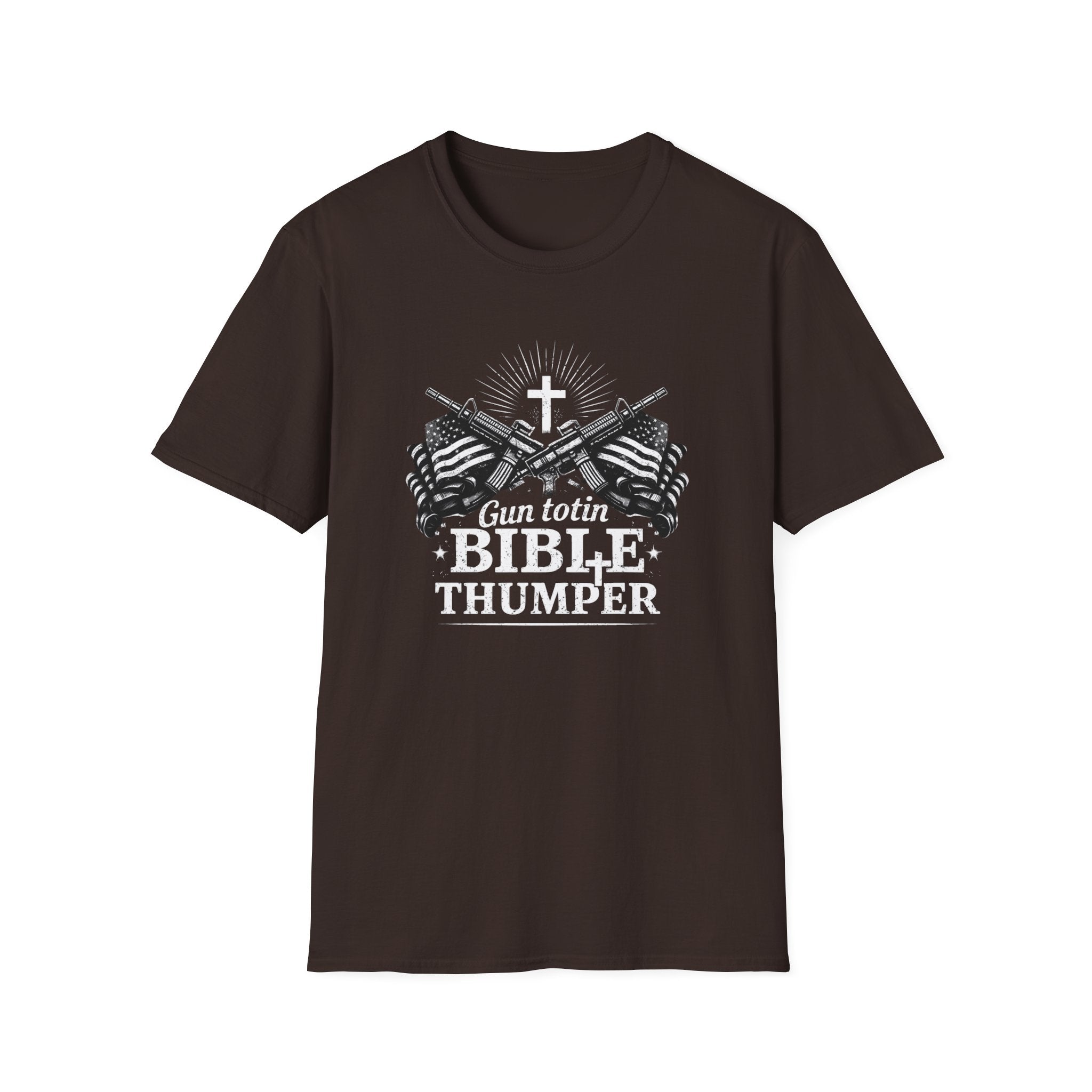 "Gun Totin' Bible Thumper" American Flag Crossed Rifles T-Shirt — Patriotic Military Pride Tee
