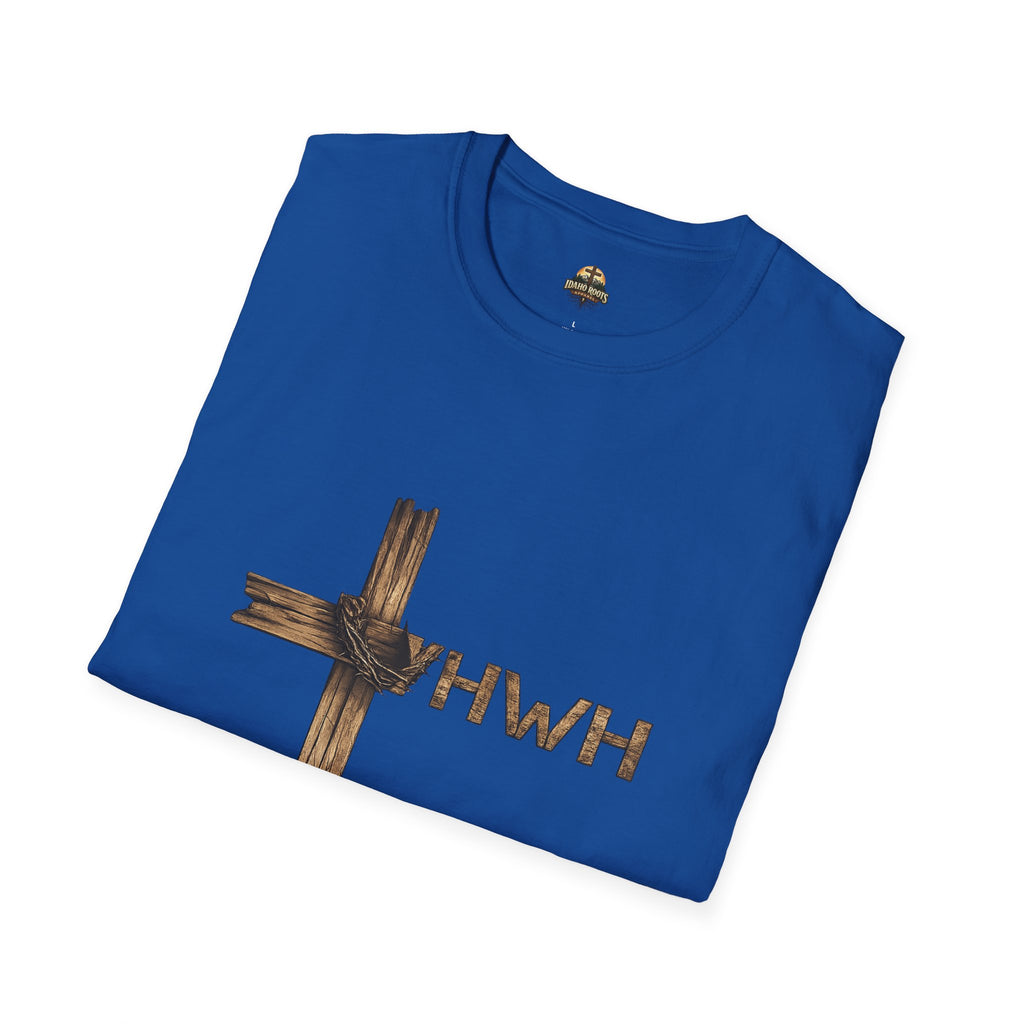 Christian Cross T-Shirt with YHWH Text – Rustic Faith Tee