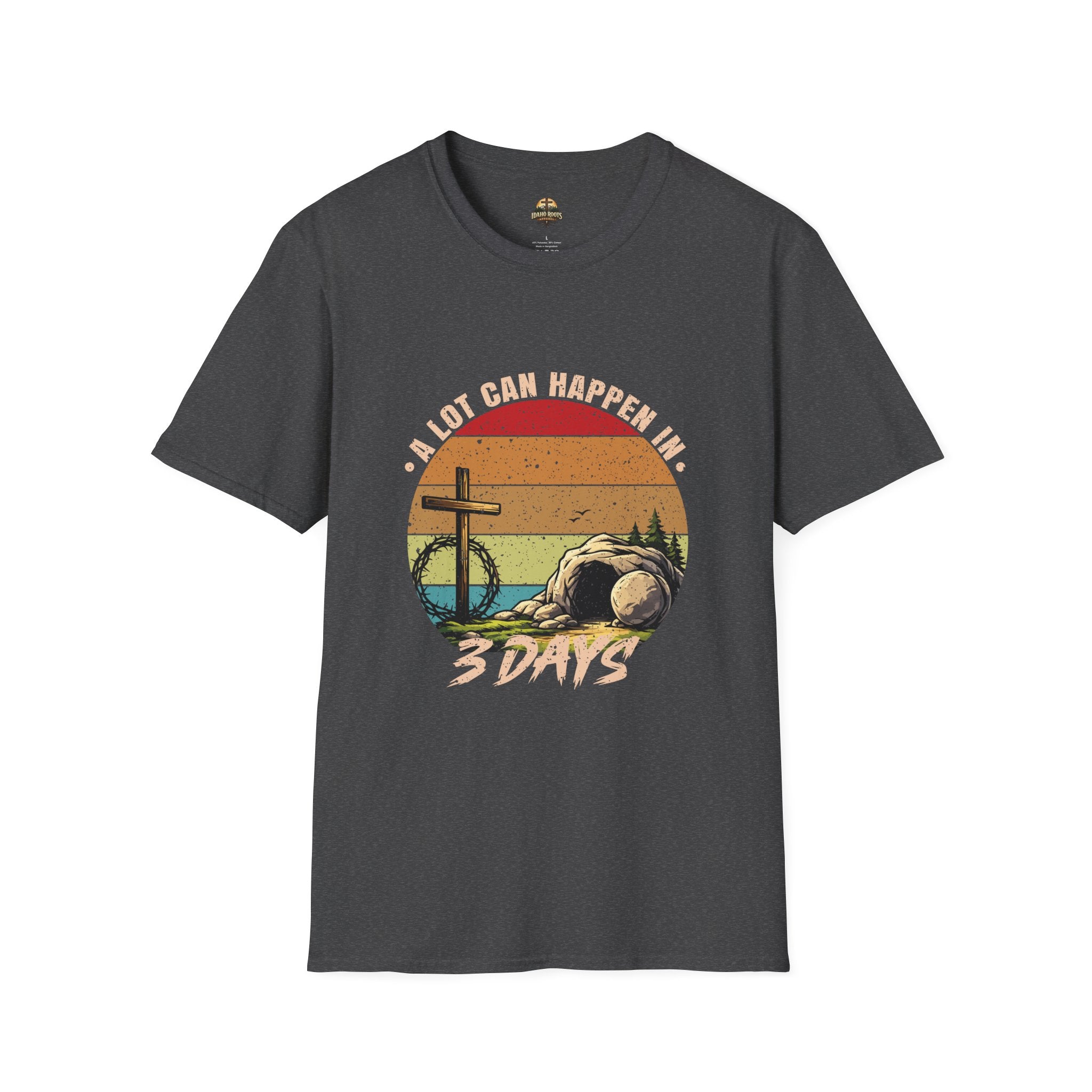 Christian T-Shirt — "A Lot Can Happen in 3 Days" Vintage Cross Design