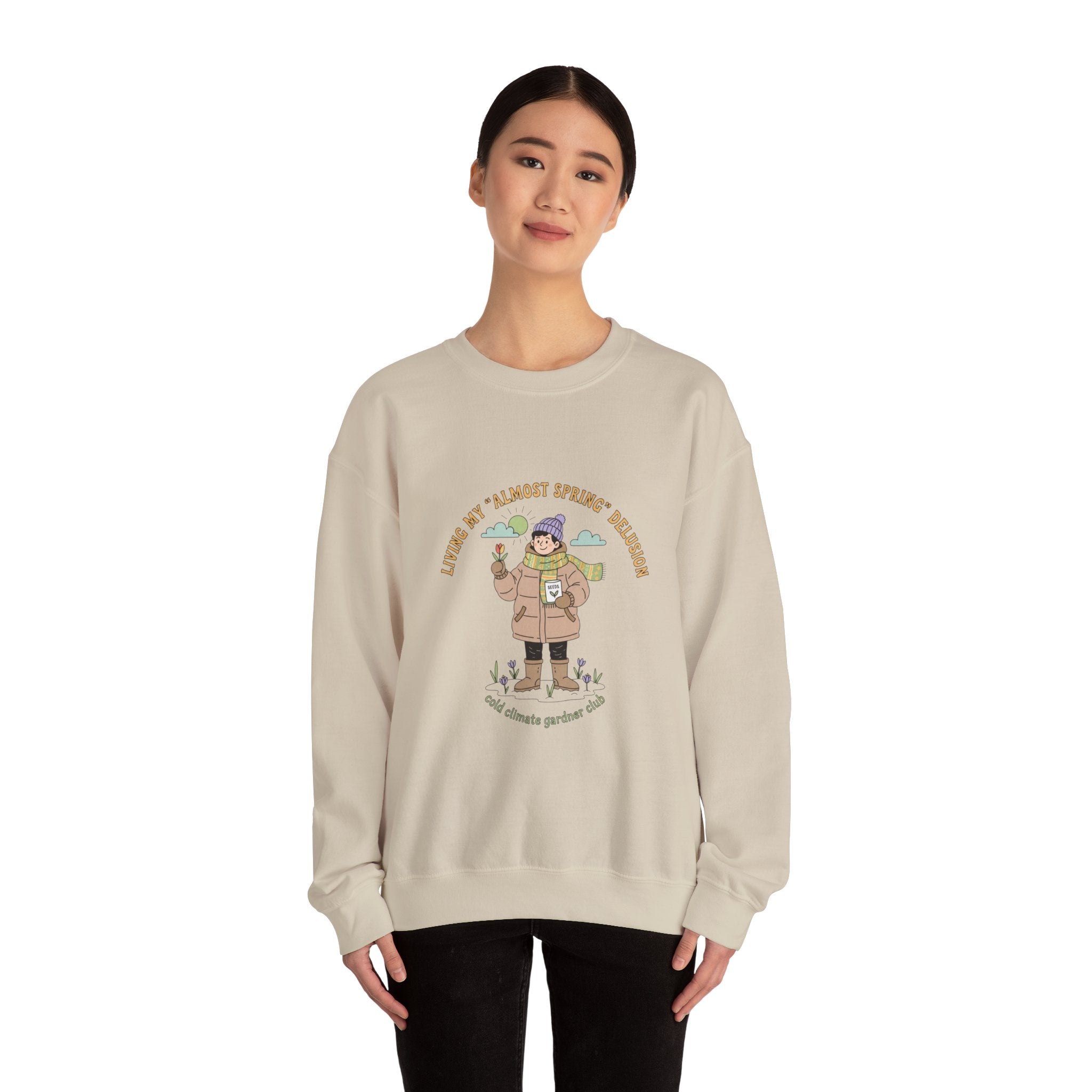 Almost Spring Thaw Humor Crewneck Sweatshirt | spring tease, winter spring meme