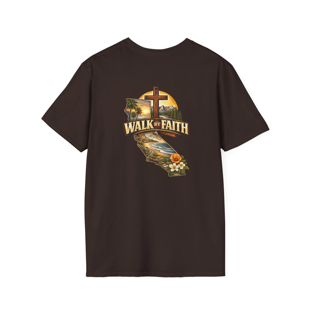 Christian T-Shirt — "Walk by Faith" California Cross Design