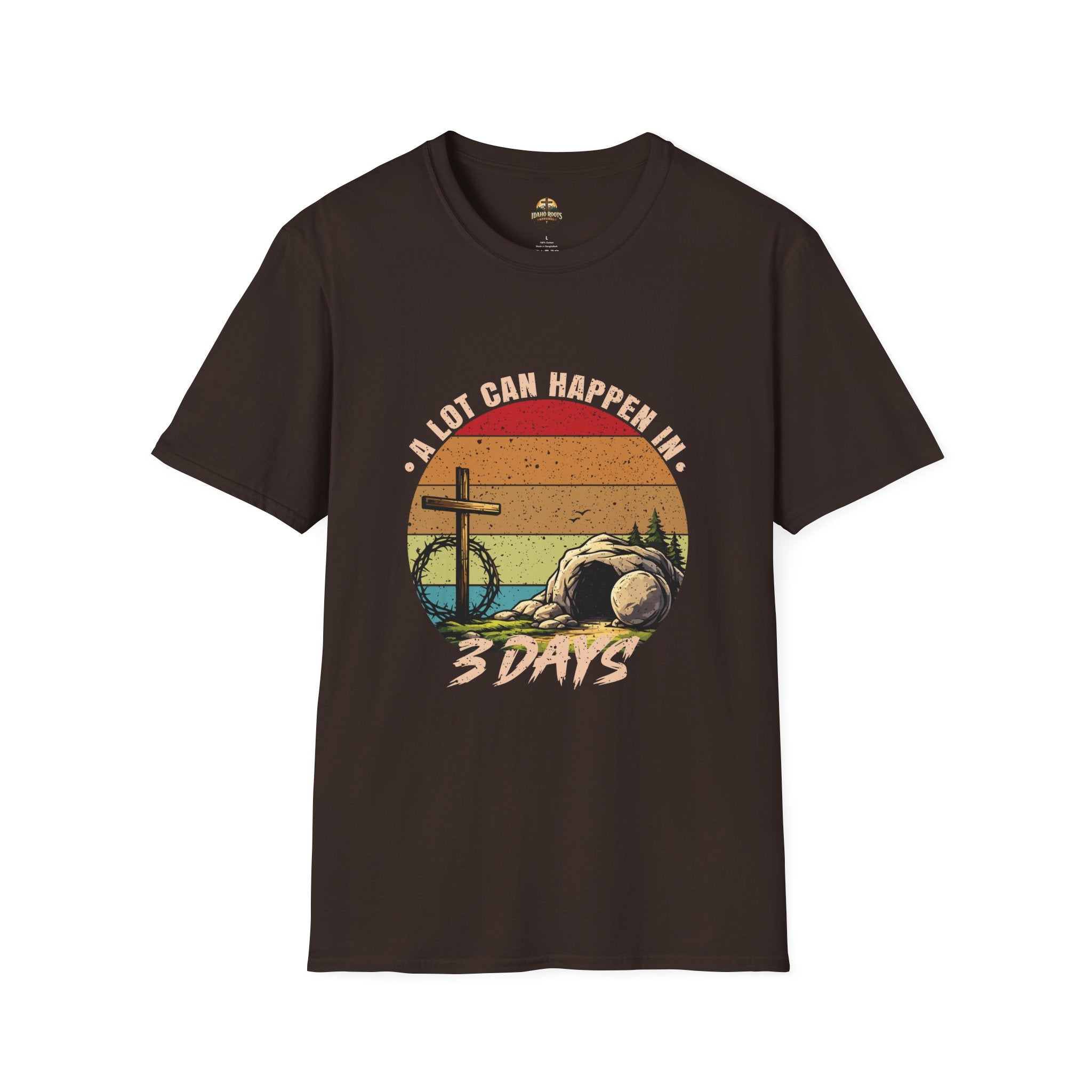 Christian T-Shirt — "A Lot Can Happen in 3 Days" Vintage Cross Design