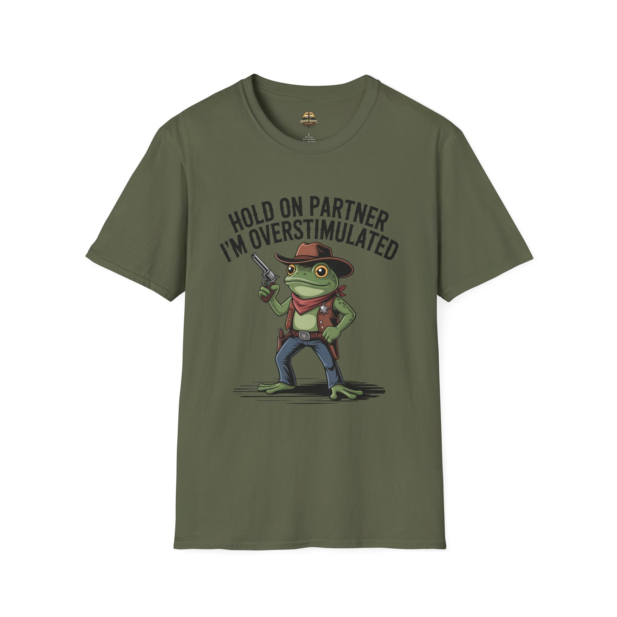 Overstimulated Cowboy Frog T-Shirt – "Hold On Partner I'm Overstimulated" Graphic Tee