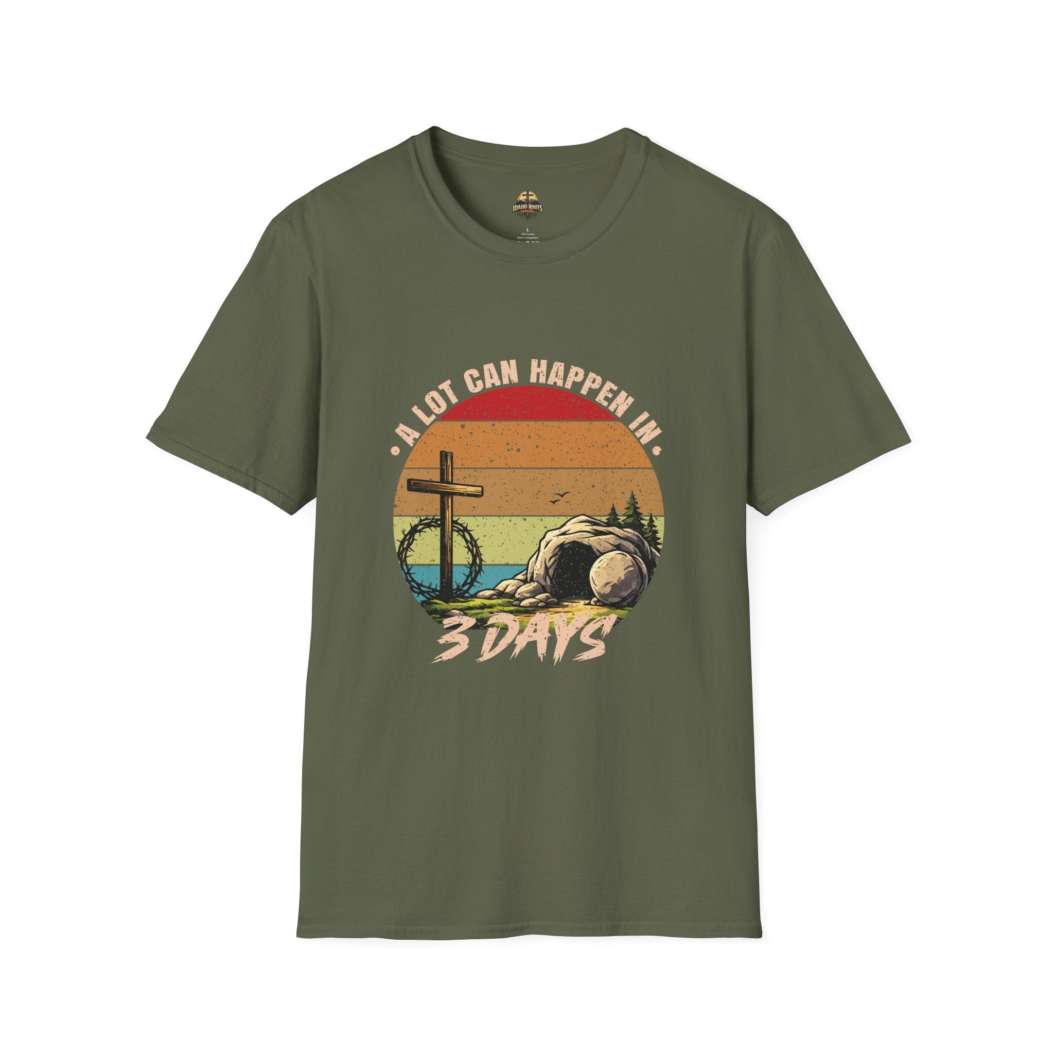 Christian T-Shirt — "A Lot Can Happen in 3 Days" Vintage Cross Design