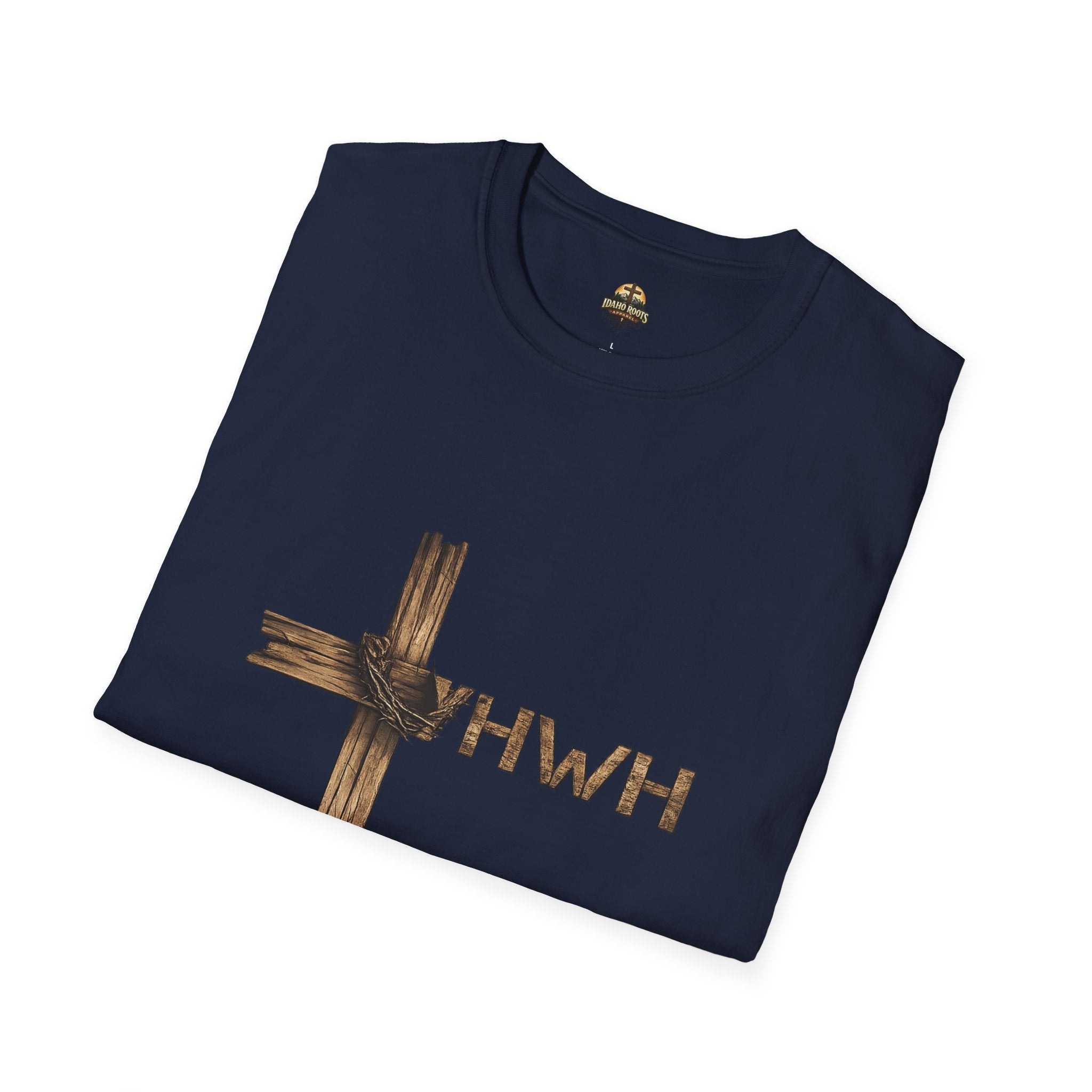 Christian Cross T-Shirt with YHWH Text – Rustic Faith Tee
