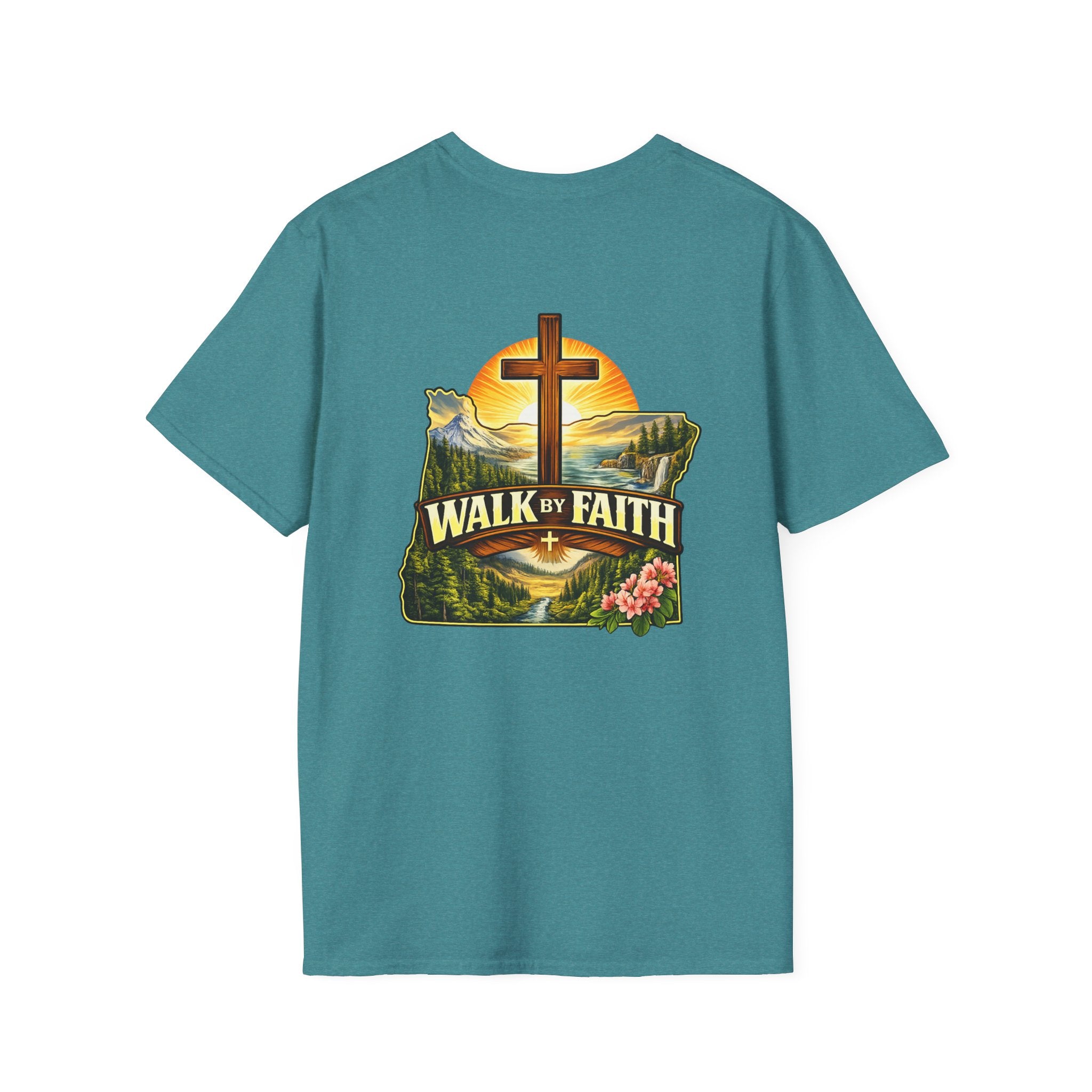 Oregon Walk By Faith T-Shirt — Christian Cross Mountain Sunset Tee