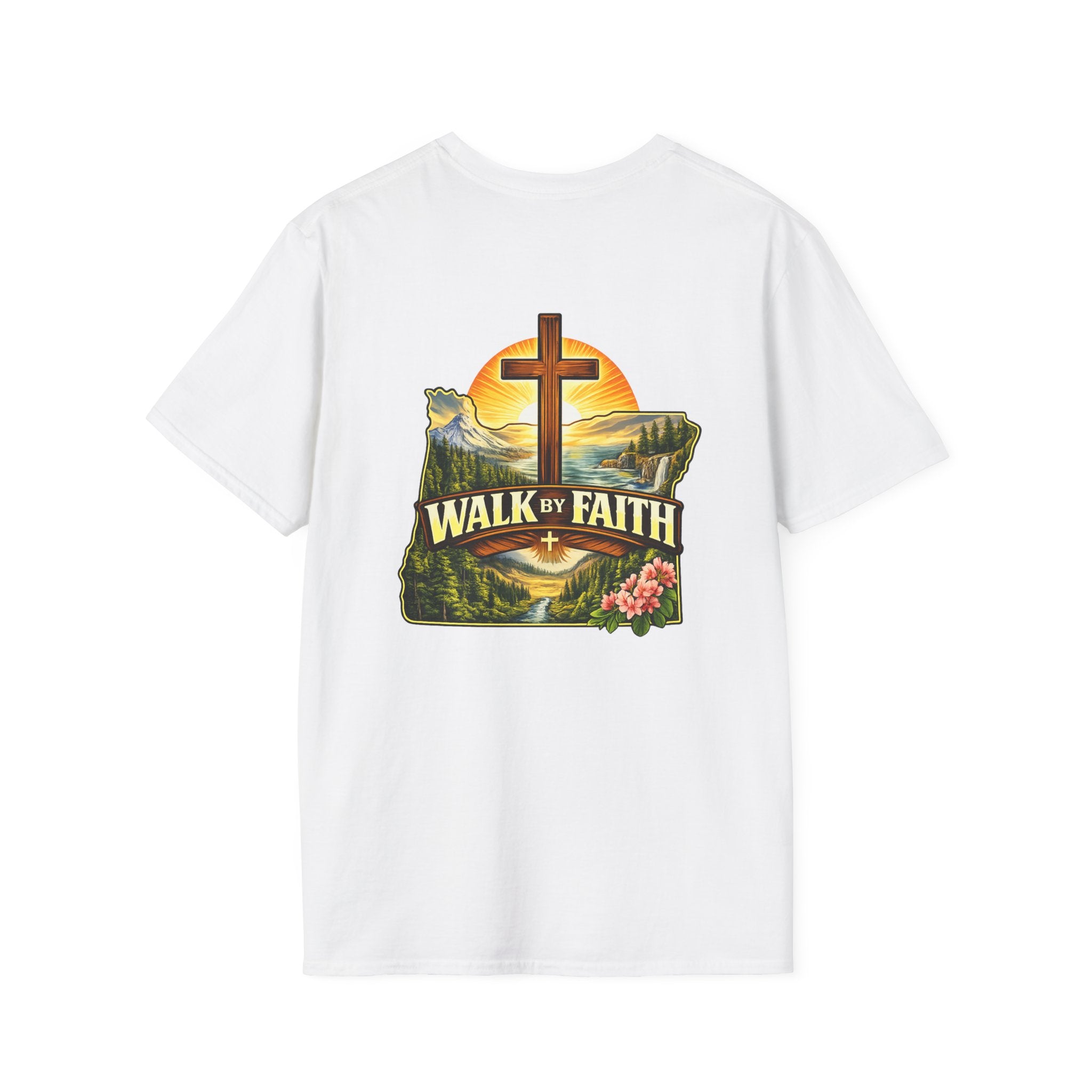 Oregon Walk By Faith T-Shirt — Christian Cross Mountain Sunset Tee