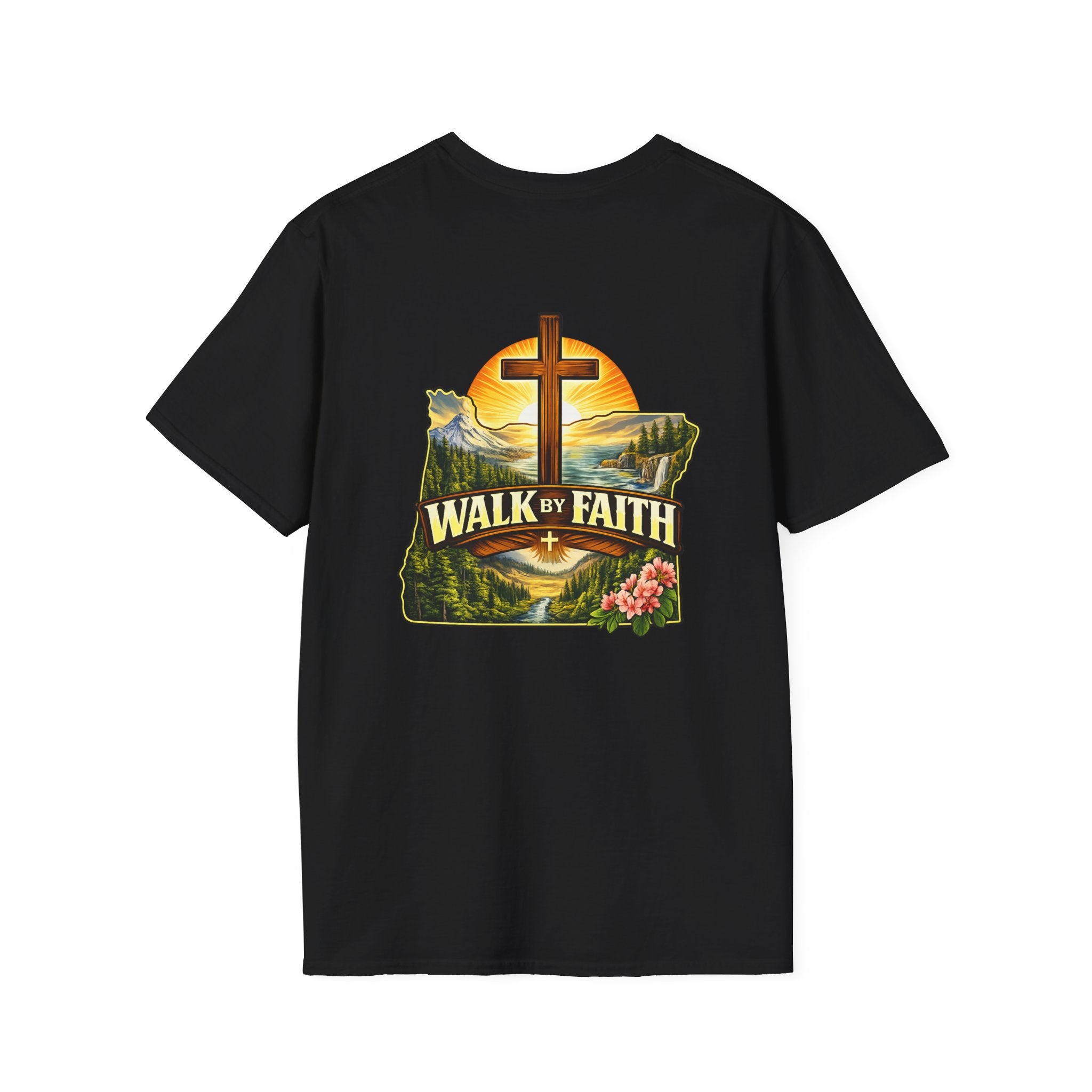 Oregon Walk By Faith T-Shirt — Christian Cross Mountain Sunset Tee