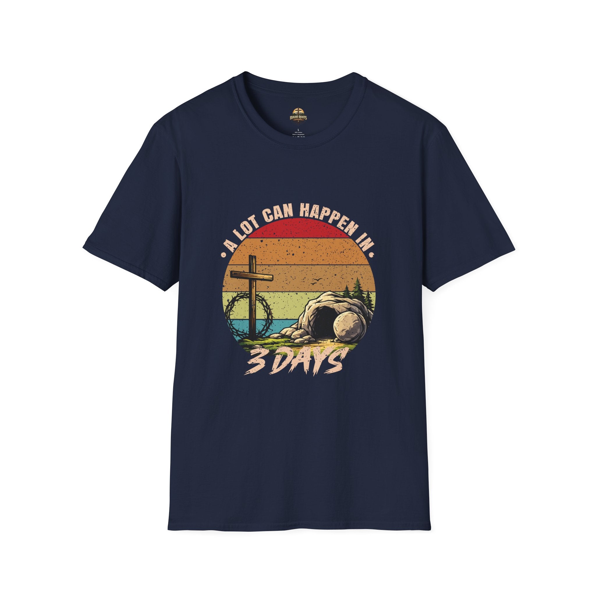 Christian T-Shirt — "A Lot Can Happen in 3 Days" Vintage Cross Design