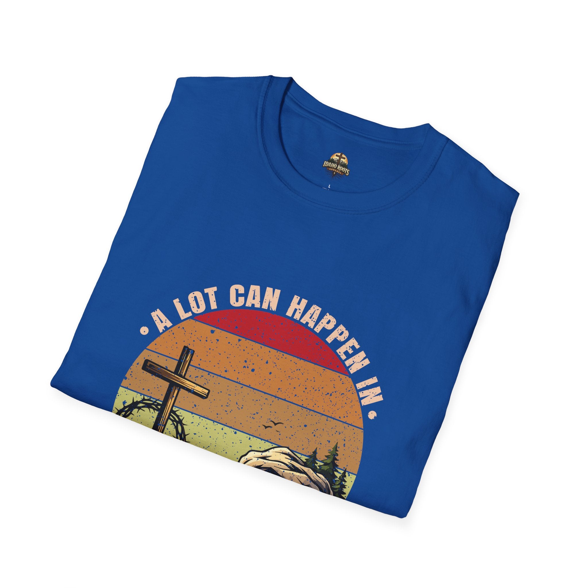 Christian T-Shirt — "A Lot Can Happen in 3 Days" Vintage Cross Design