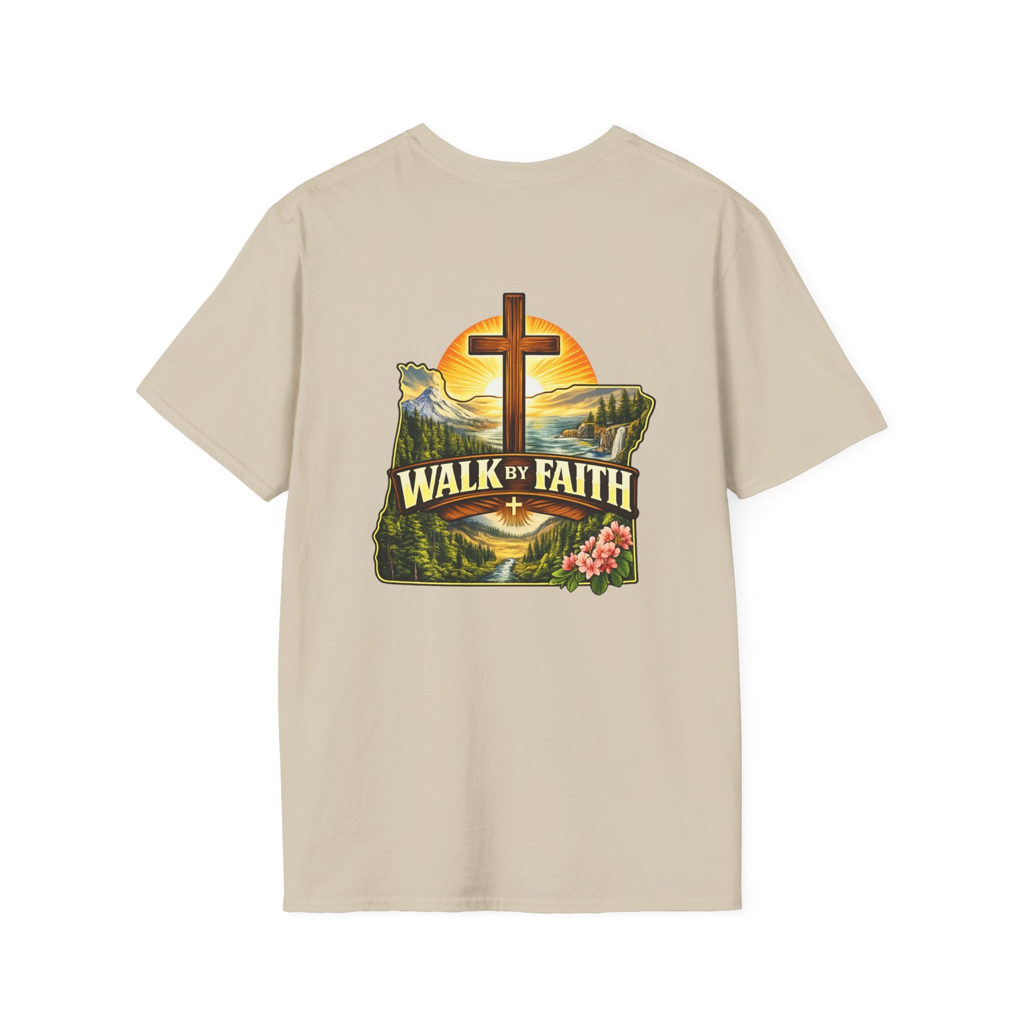 Oregon Walk By Faith T-Shirt — Christian Cross Mountain Sunset Tee