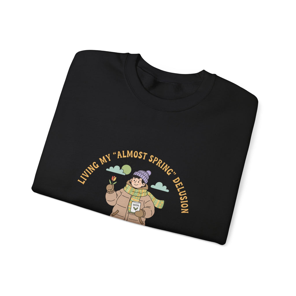 Almost Spring Thaw Humor Crewneck Sweatshirt | spring tease, winter spring meme