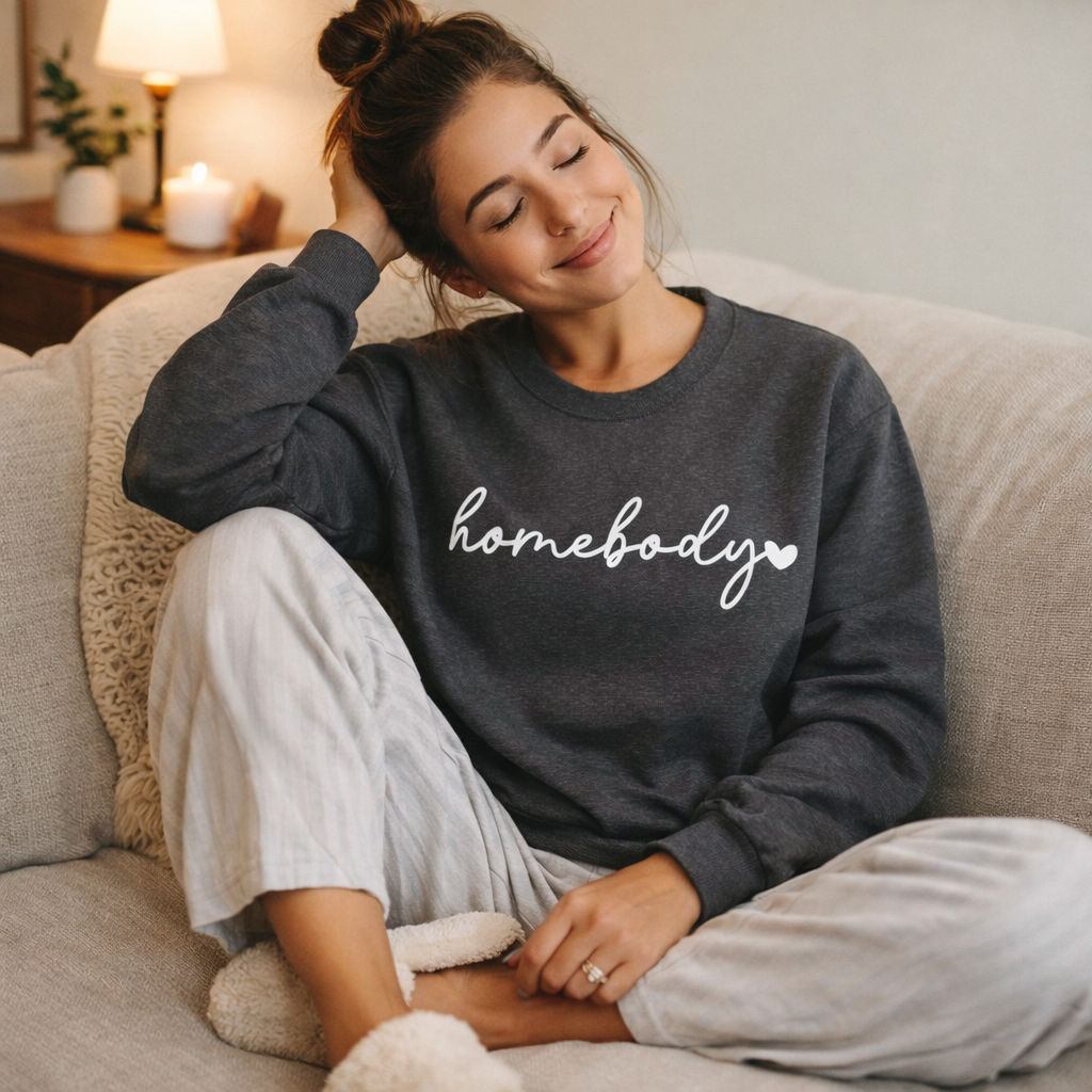 Crewneck Sweatshirt — "homebody" Script Cozy Pullover