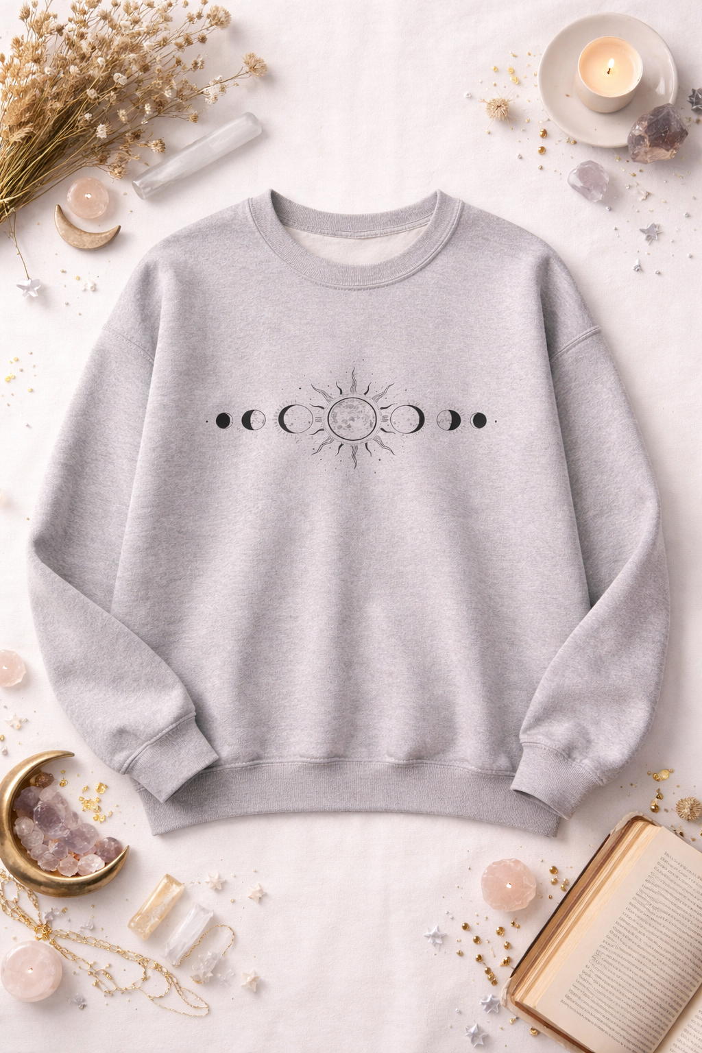 Celestial Moon Phase Crewneck Sweatshirt — Sun & Phases Graphic