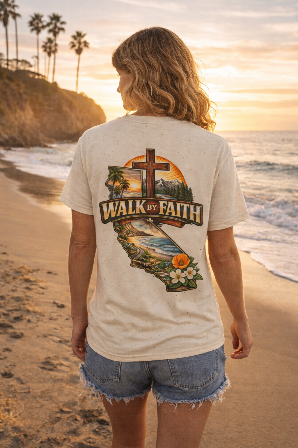 Christian T-Shirt — "Walk by Faith" California Cross Design