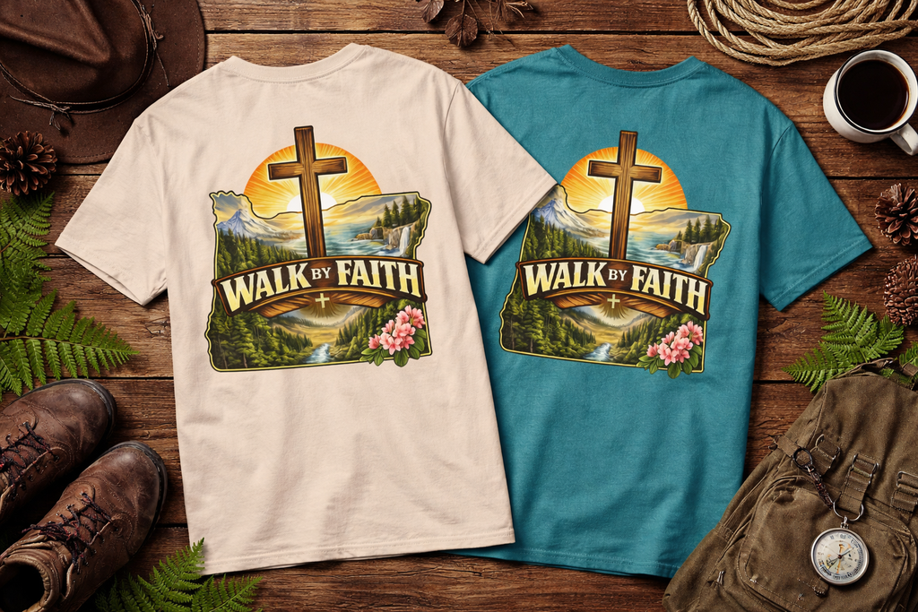 Oregon Walk By Faith T-Shirt — Christian Cross Mountain Sunset Tee
