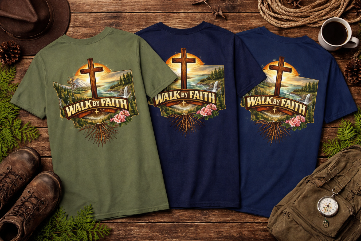 Washington State - Walk By Faith T-Shirt — Christian Cross Mountain Graphic Tee