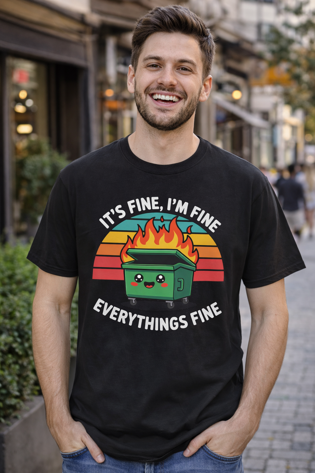 Dumpster Fire T-Shirt — “It’s Fine, I’m Fine, Everything’s Fine” Retro Graphic Tee