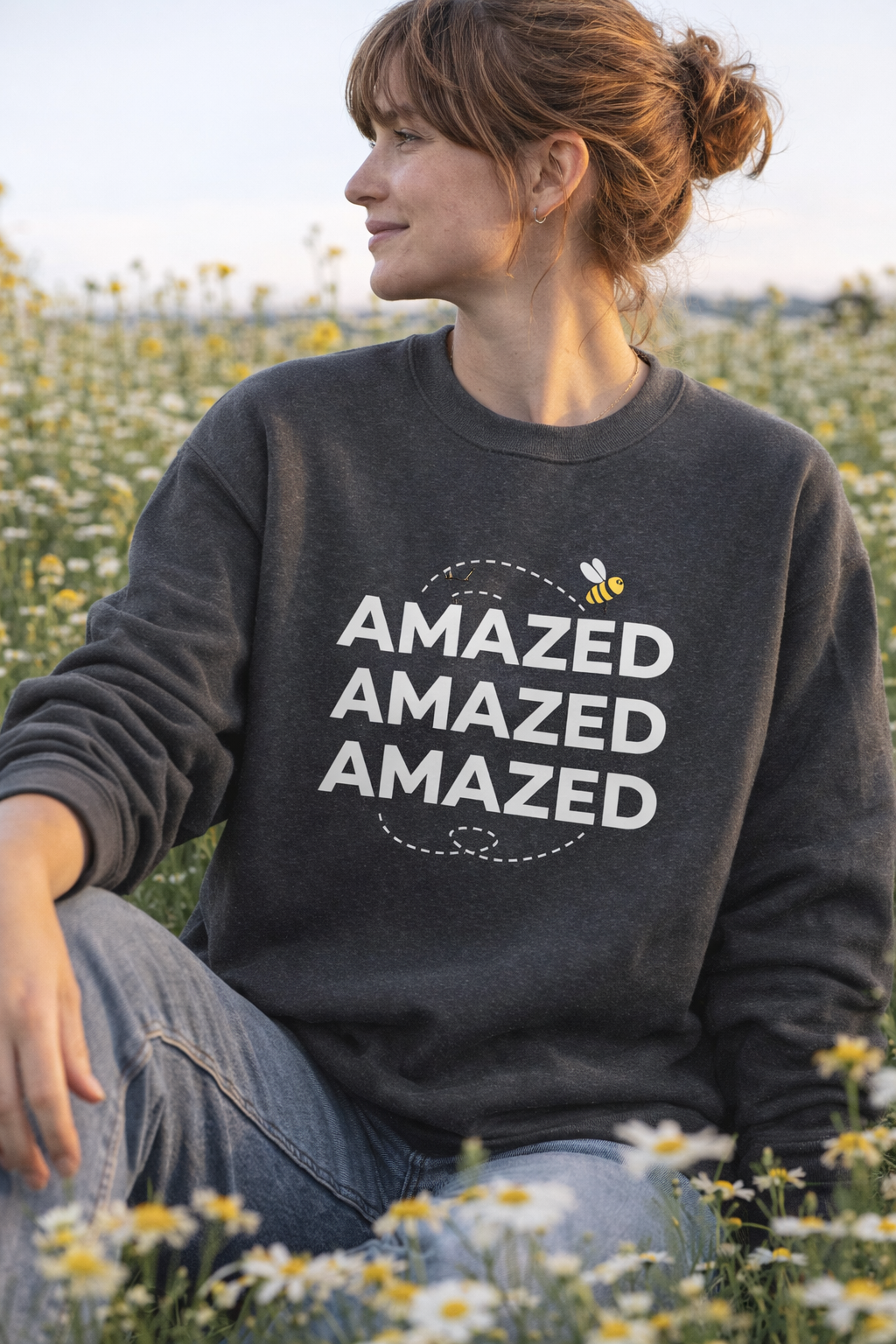 Bee Amazed Crewneck Sweatshirt — Repeating "Amazed" Graphic