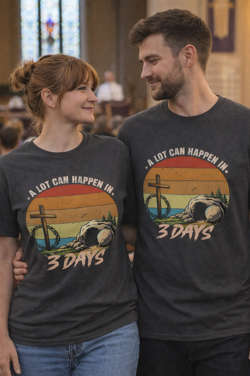 Christian T-Shirt — "A Lot Can Happen in 3 Days" Vintage Cross Design