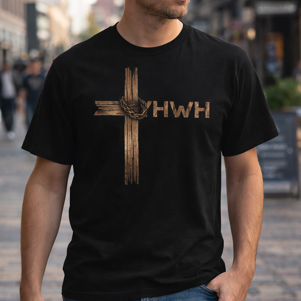 Christian Cross T-Shirt with YHWH Text – Rustic Faith Tee