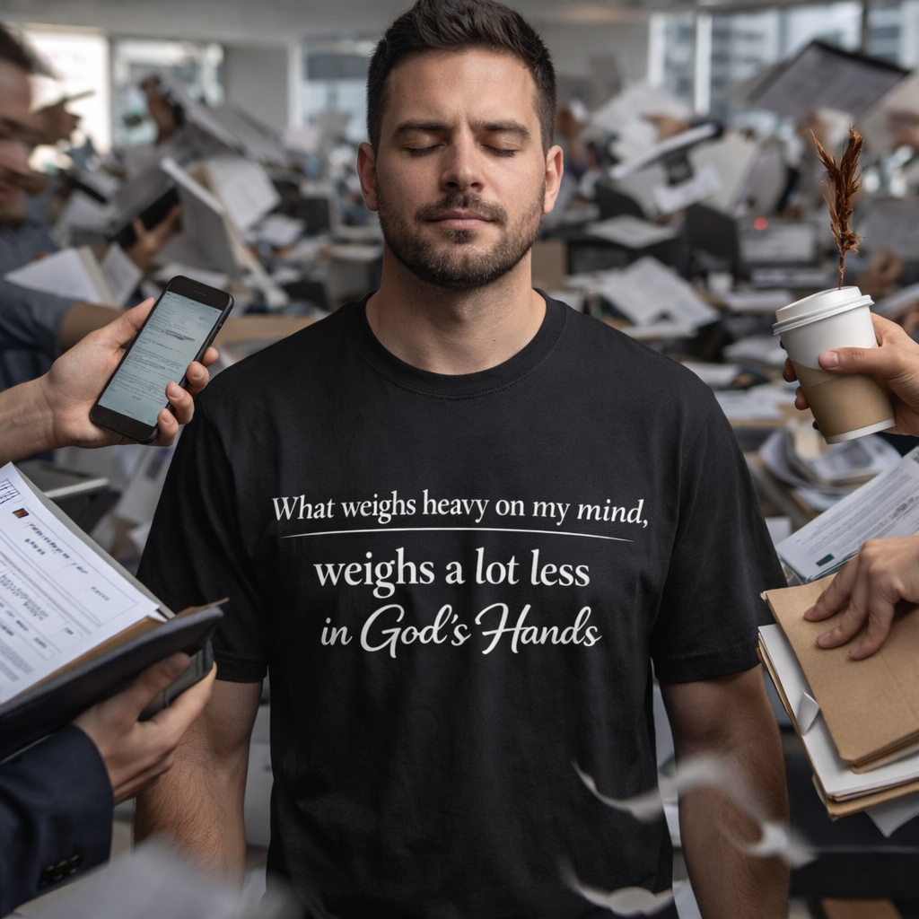 Faith T-Shirt — "What Weighs Heavy on My Mind, Weighs Far Less in God's Hands" Inspirational Christian Tee