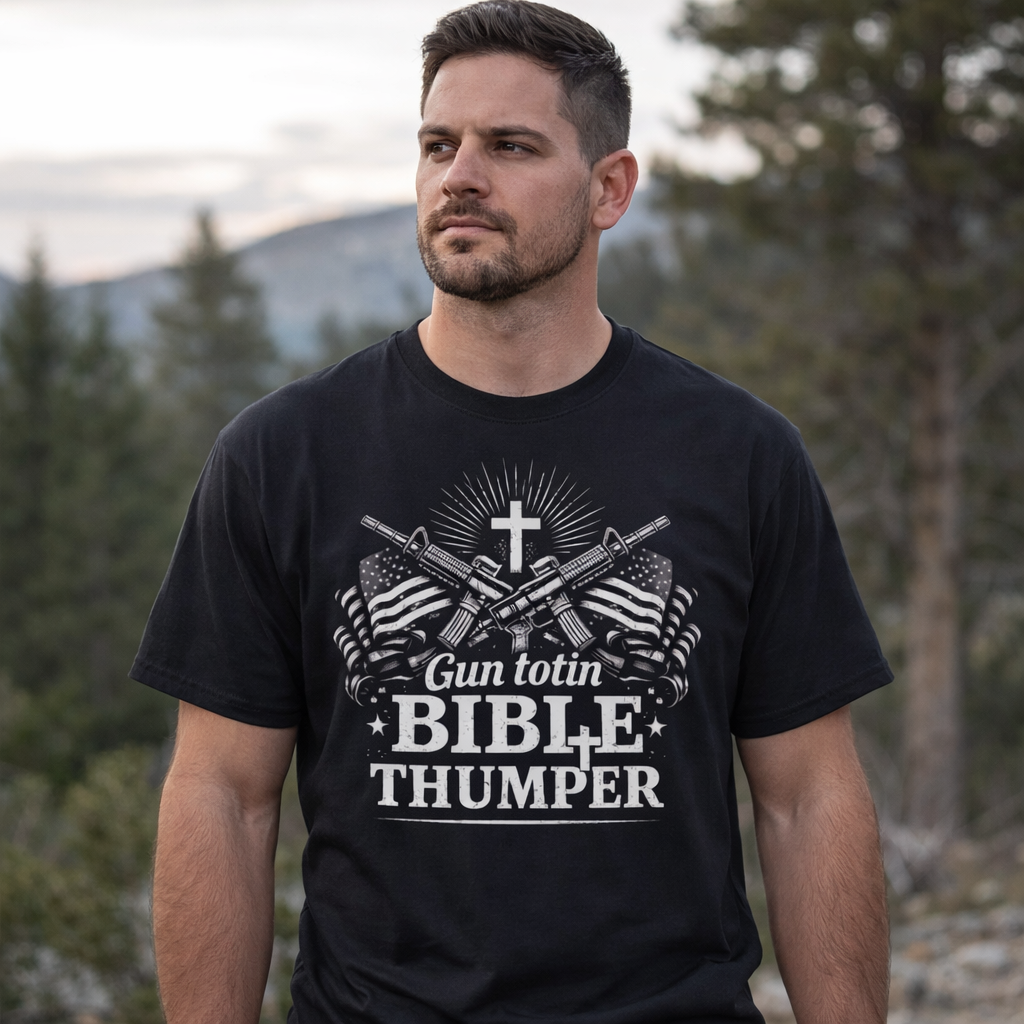 "Gun Totin' Bible Thumper" American Flag Crossed Rifles T-Shirt — Patriotic Military Pride Tee