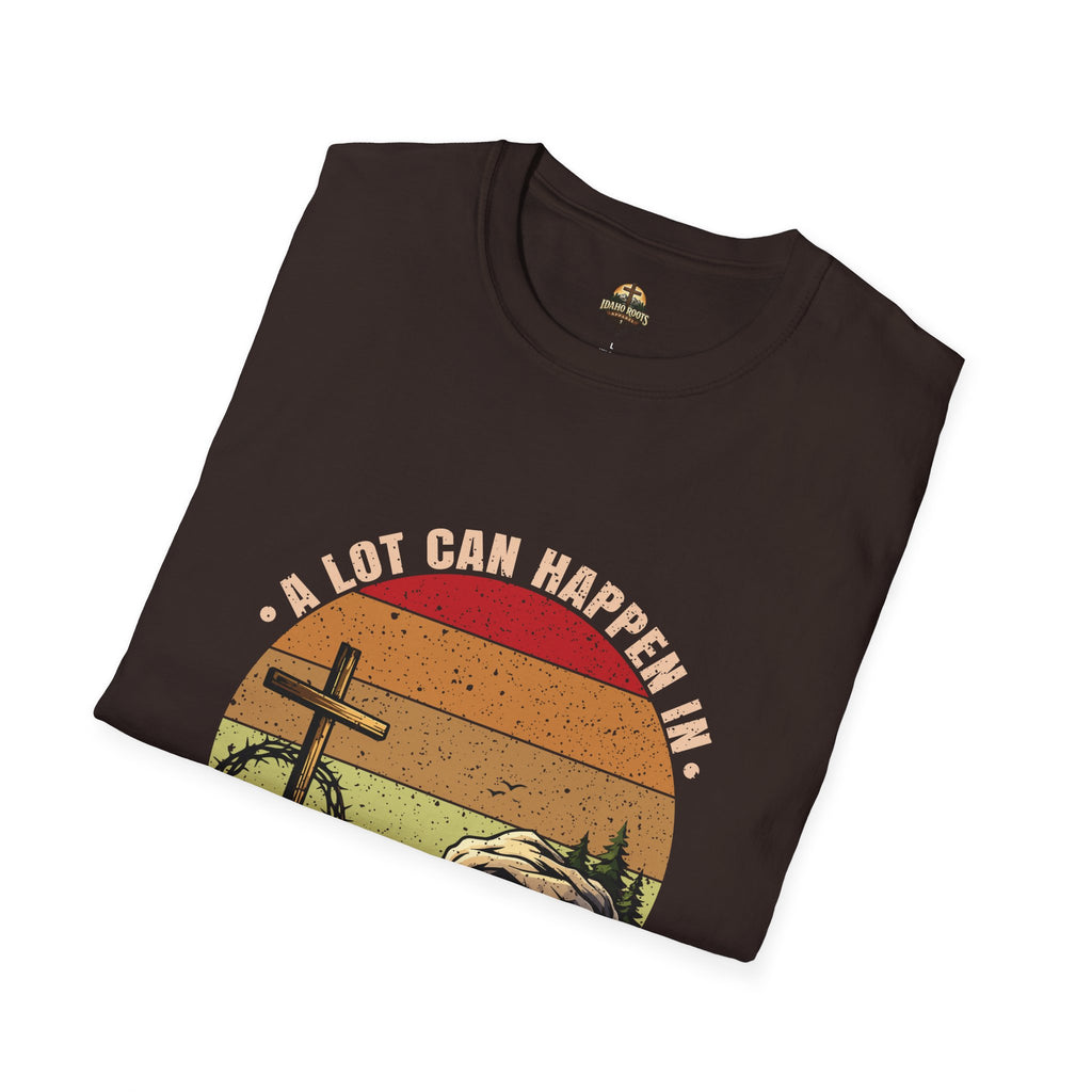 Christian T-Shirt — "A Lot Can Happen in 3 Days" Vintage Cross Design