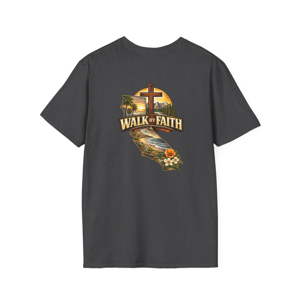 Christian T-Shirt — "Walk by Faith" California Cross Design