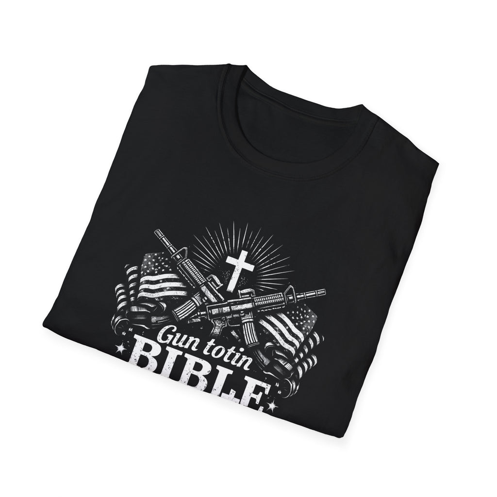 "Gun Totin' Bible Thumper" American Flag Crossed Rifles T-Shirt — Patriotic Military Pride Tee