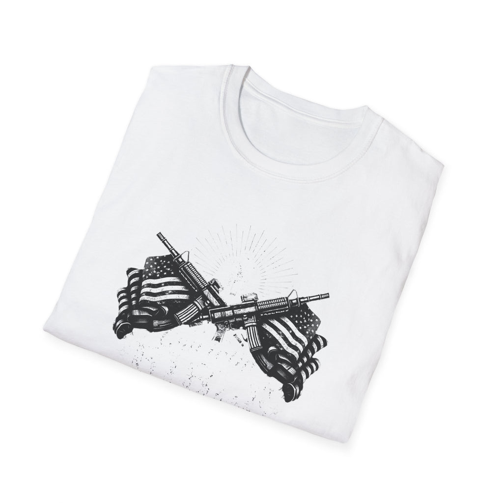 "Gun Totin' Bible Thumper" American Flag Crossed Rifles T-Shirt — Patriotic Military Pride Tee