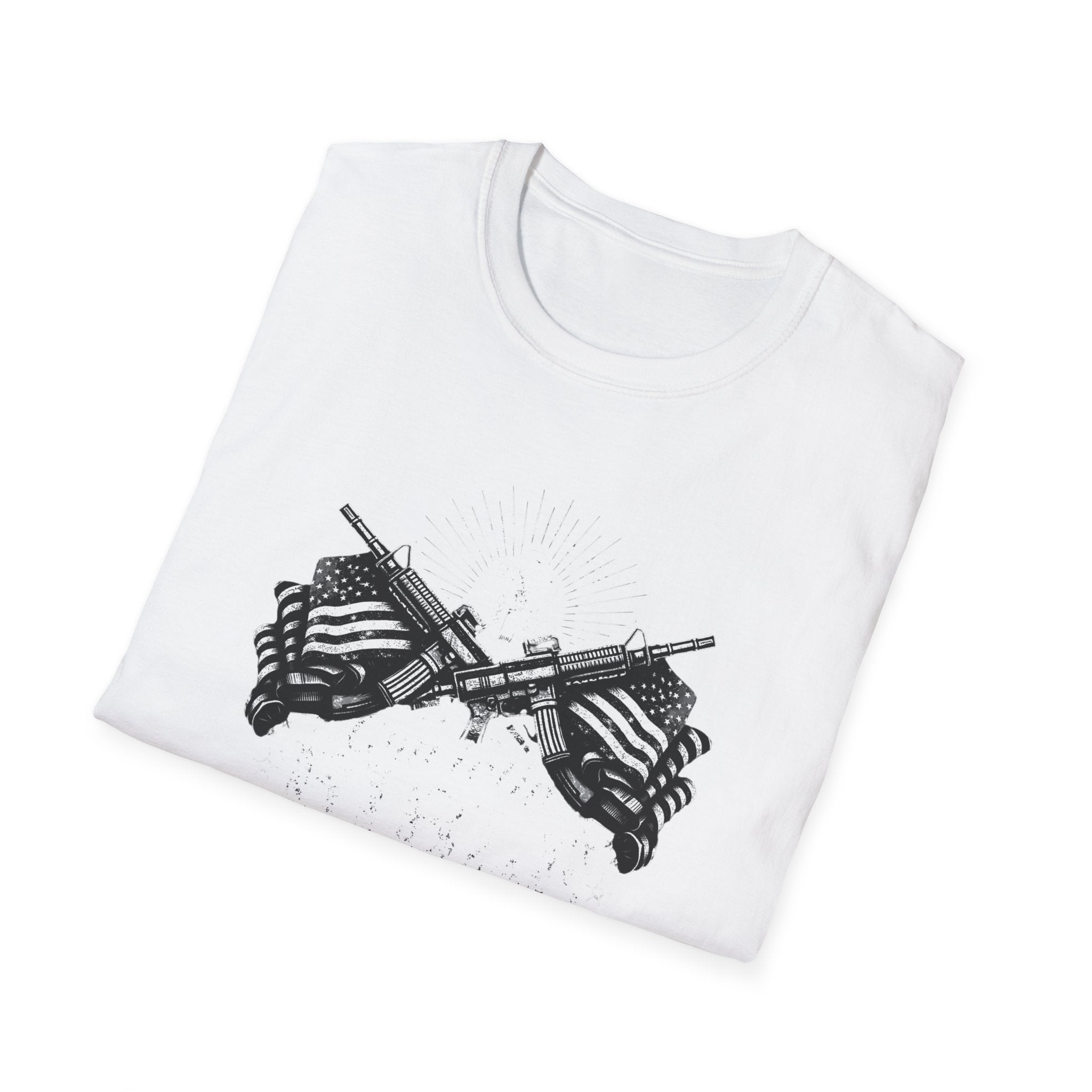 "Gun Totin' Bible Thumper" American Flag Crossed Rifles T-Shirt — Patriotic Military Pride Tee