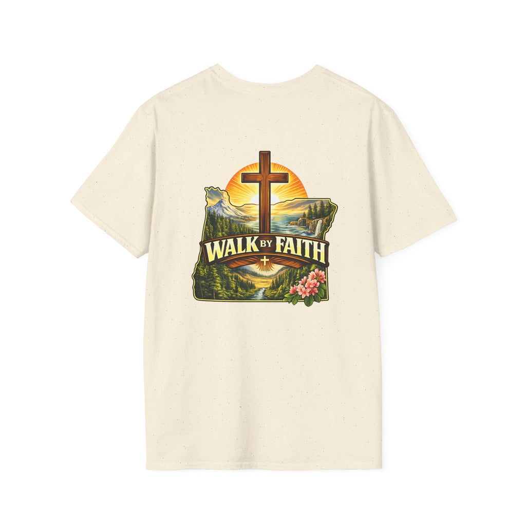 Oregon Walk By Faith T-Shirt — Christian Cross Mountain Sunset Tee