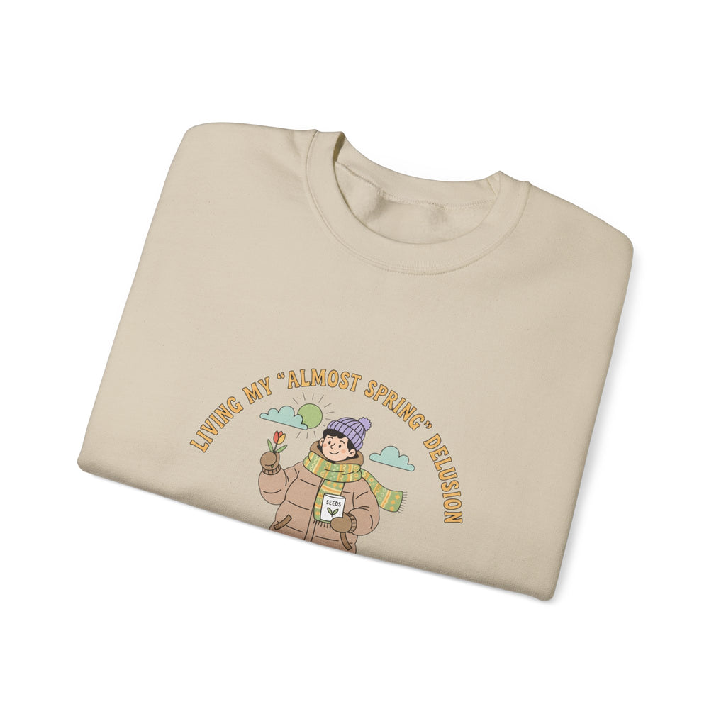Almost Spring Thaw Humor Crewneck Sweatshirt | spring tease, winter spring meme