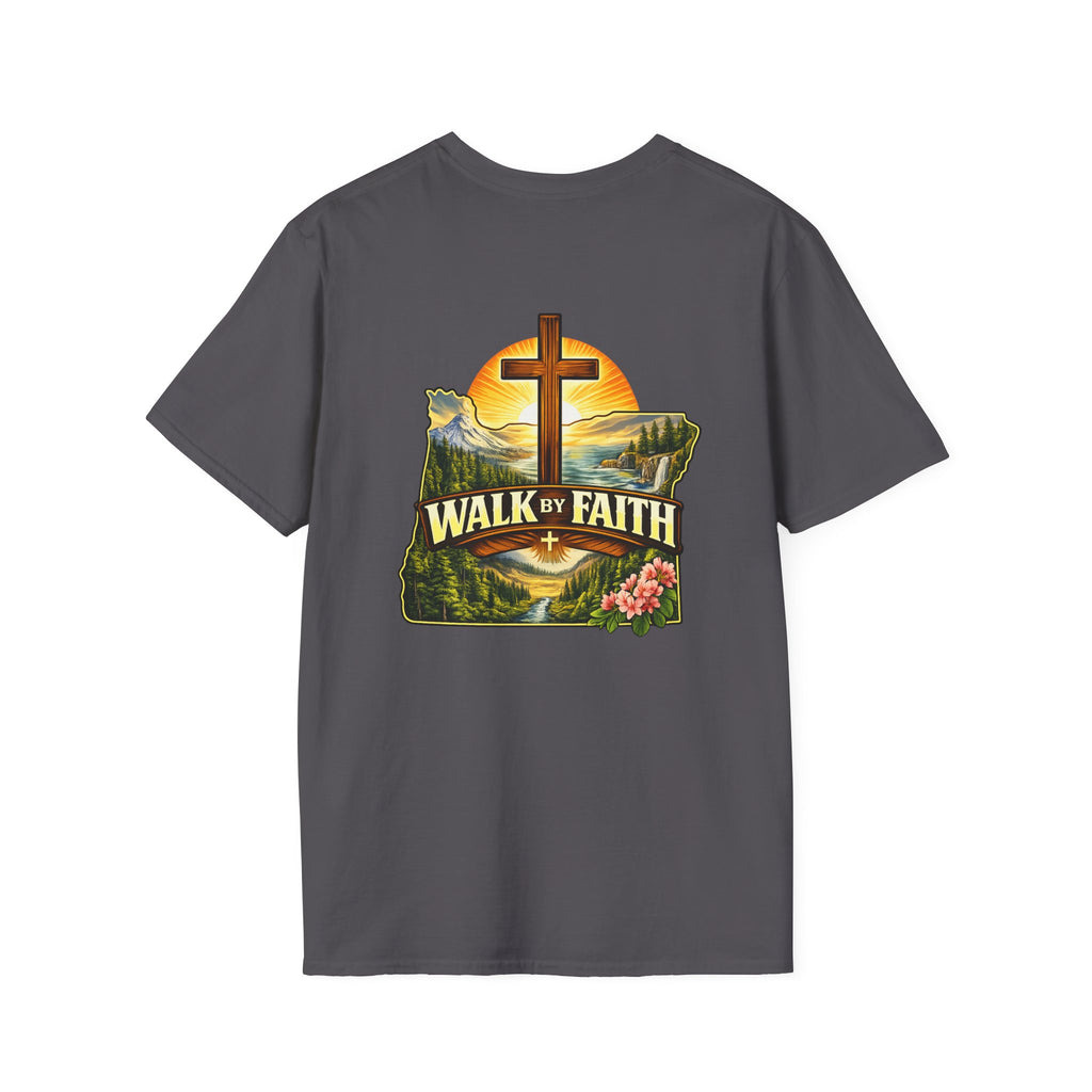 Oregon Walk By Faith T-Shirt — Christian Cross Mountain Sunset Tee